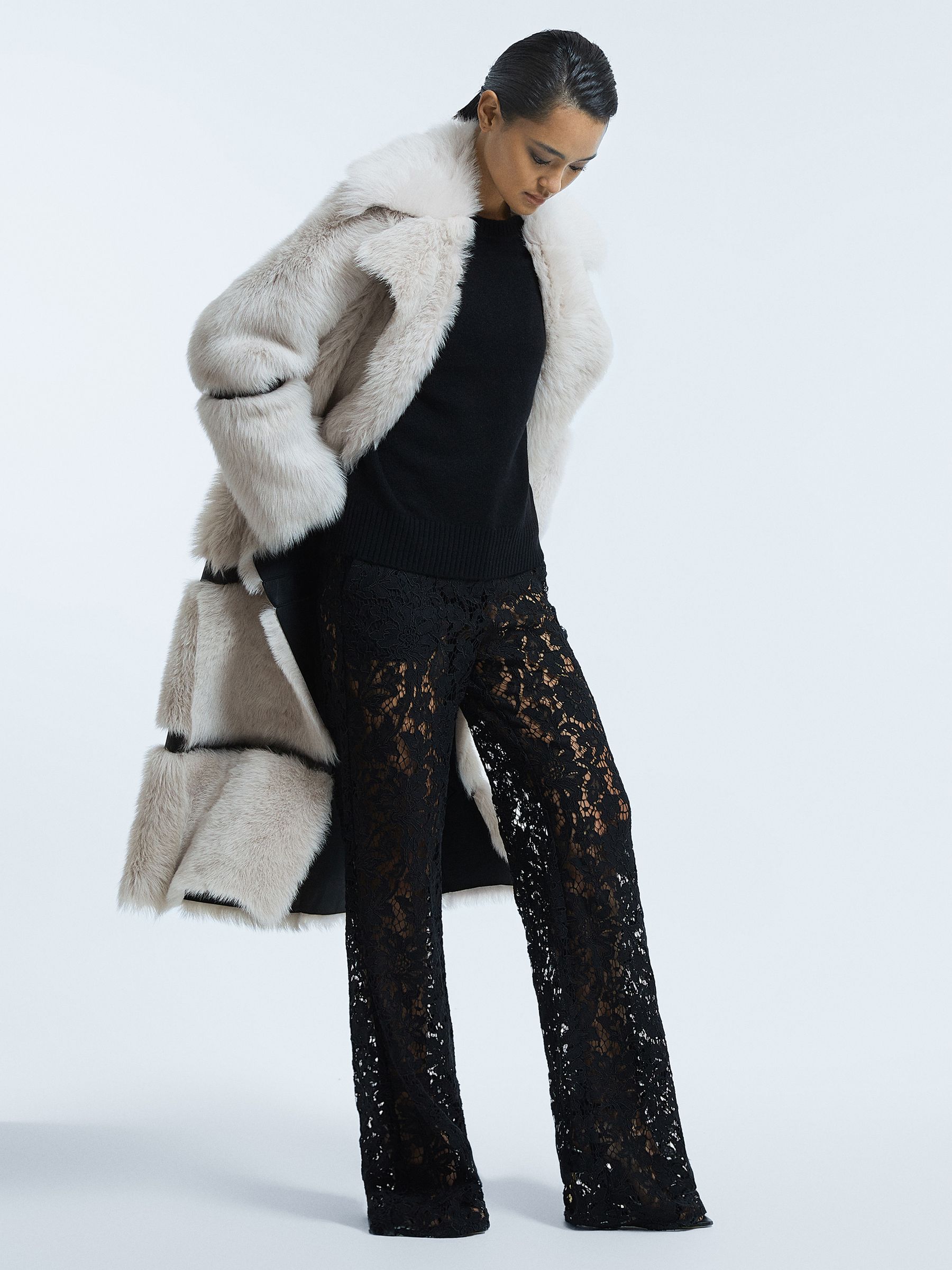 Shearling Leather Trim Long Coat in Mink - Image 1 of 8