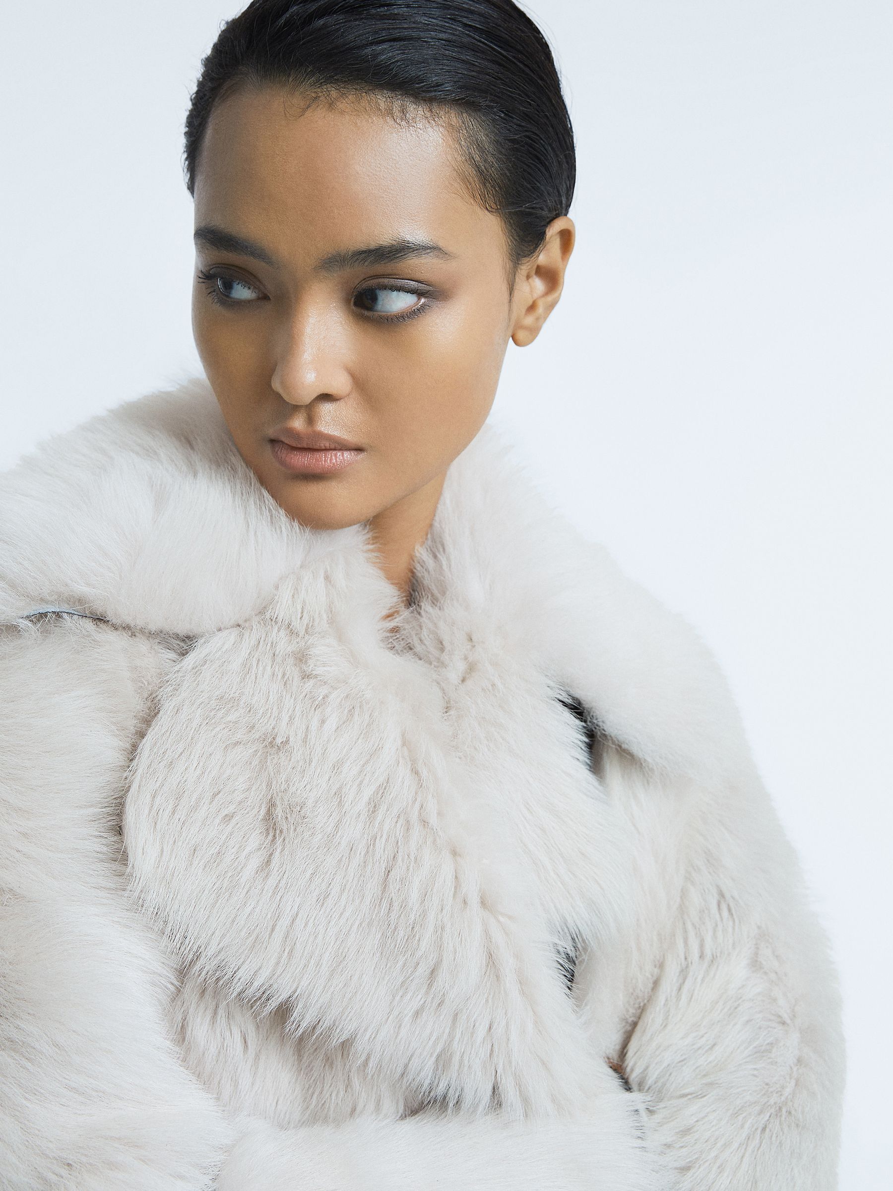 Shearling Leather Trim Long Coat in Mink - Image 3 of 8