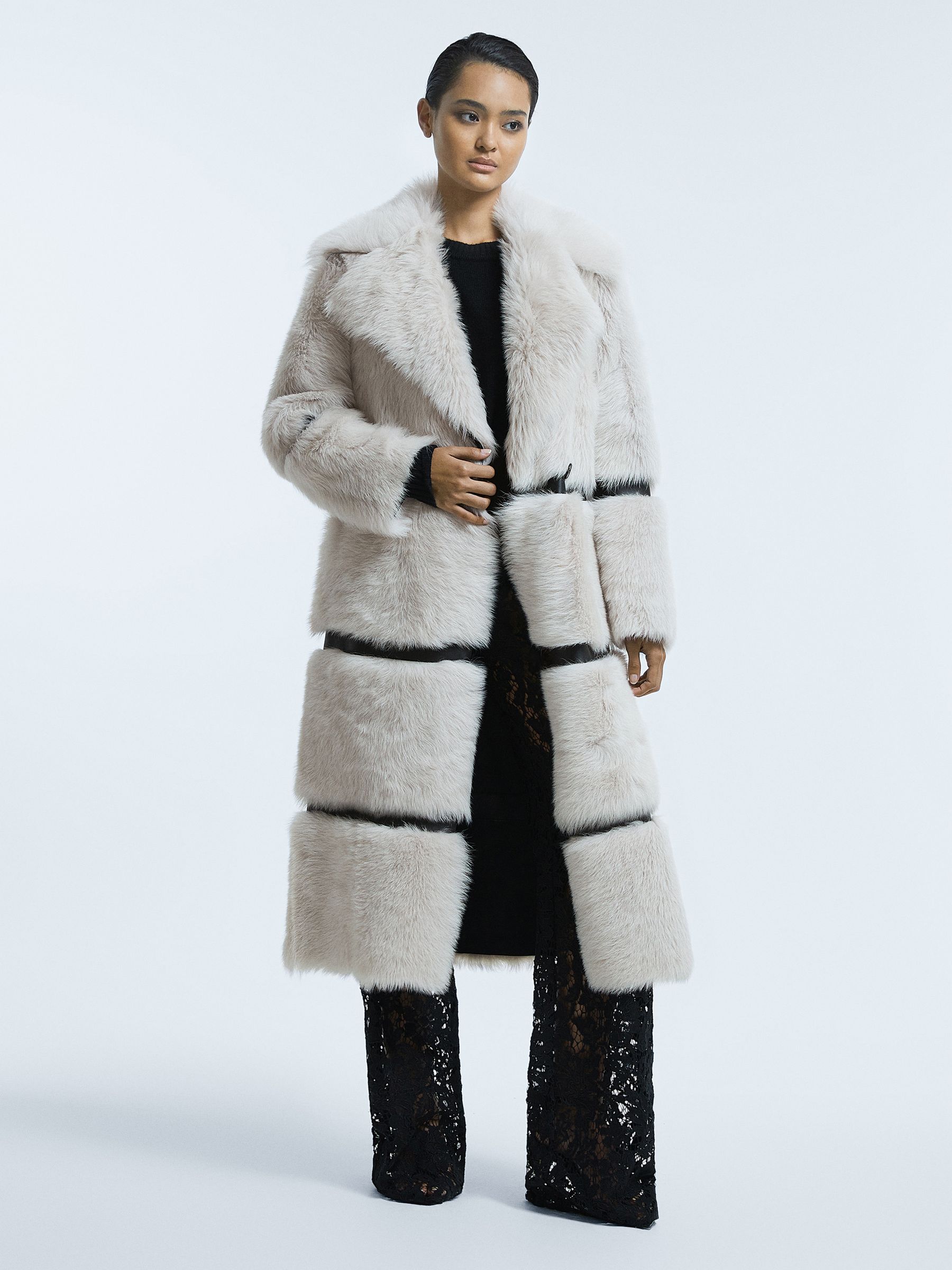 Shearling Leather Trim Long Coat in Mink - Image 4 of 8