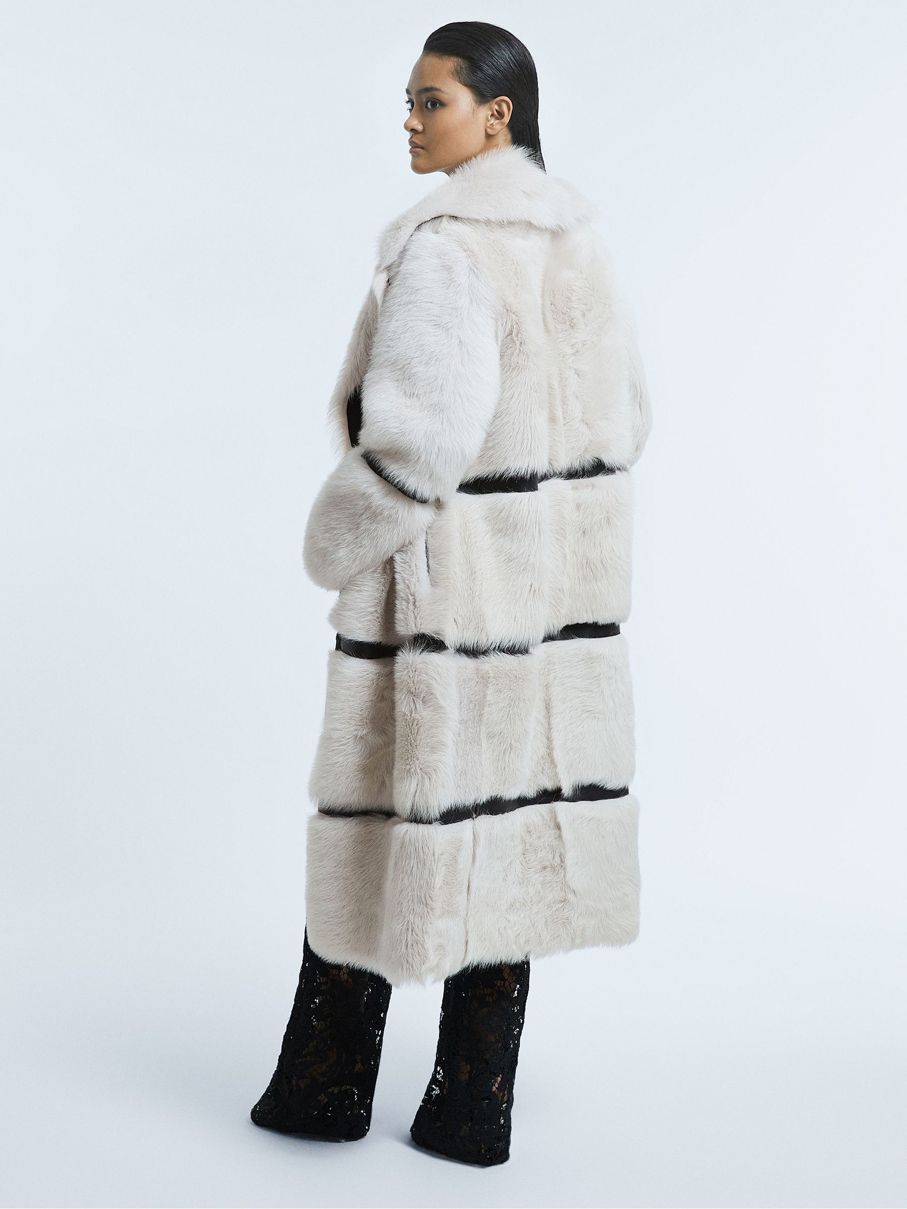 Shearling Leather Trim Long Coat in Mink - Image 6 of 8
