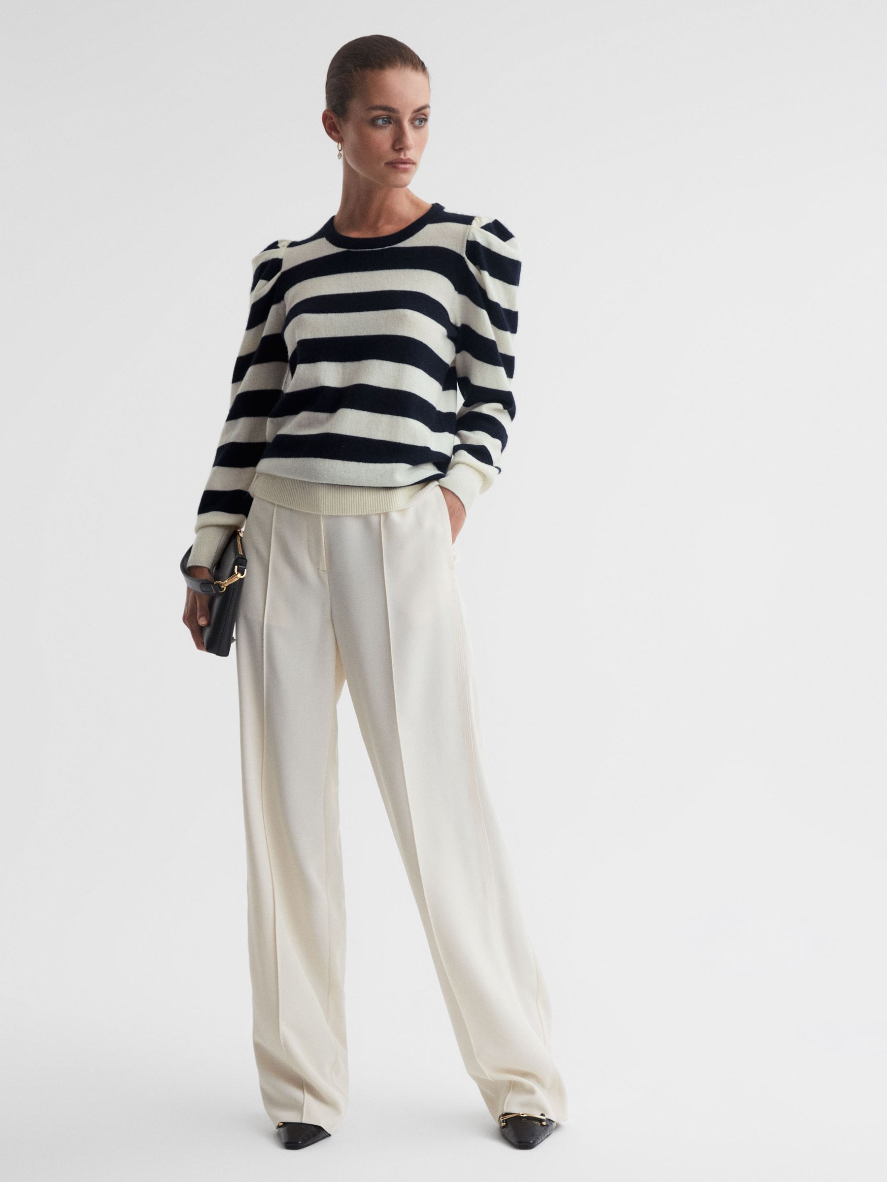 Madeleine Thompson Wool-Cashmere Striped Top in Navy/Cream - Image 1 of 5 Madeleine Thompson Wool-Cashmere Striped Top in Navy/Cream - Image 1 of 5