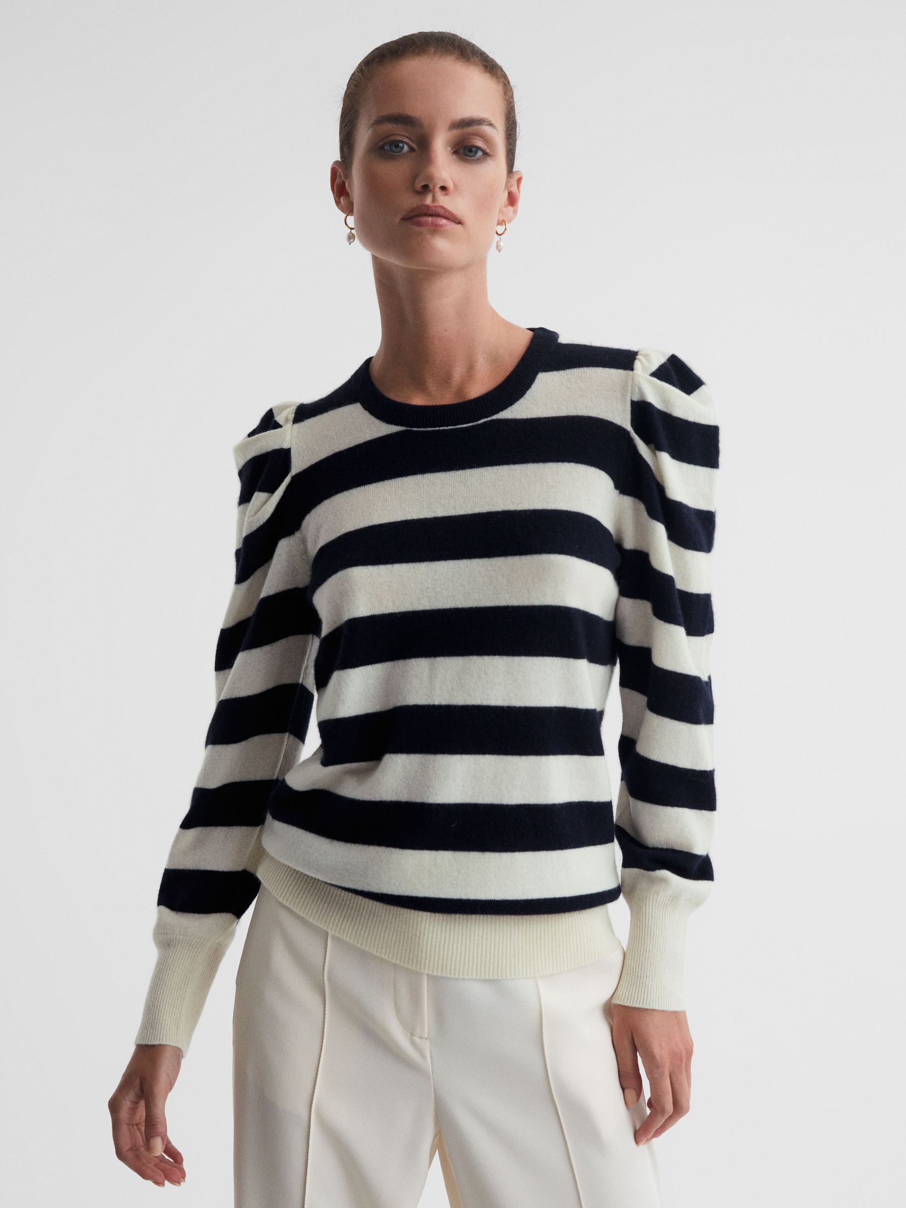 Madeleine Thompson Wool-Cashmere Striped Top in Navy/Cream - Image 3 of 5