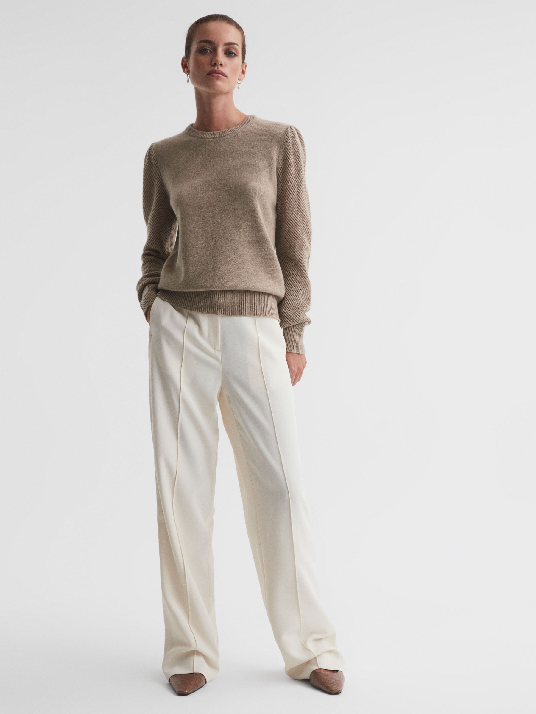 Madeleine Thompson Wool-Cashmere Crew Neck Top in Oatmeal - Image 3 of 5