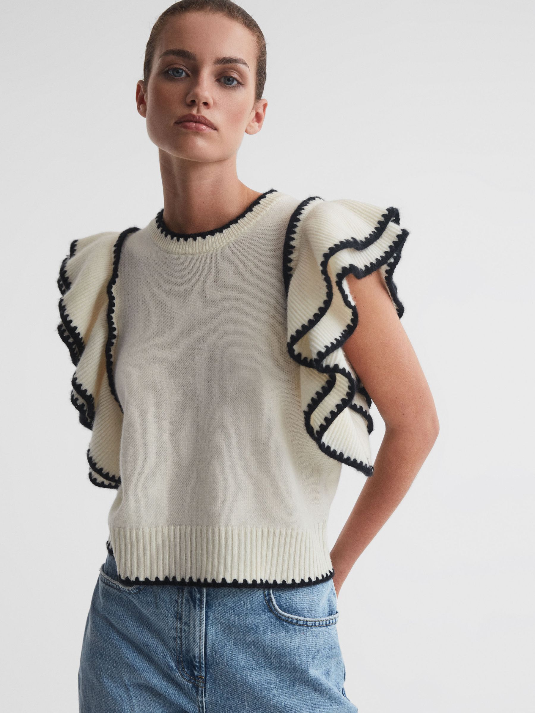 Madeleine Thompson Wool-Cashmere Frill Sleeve Top in Cream/Black - Image 1 of 5