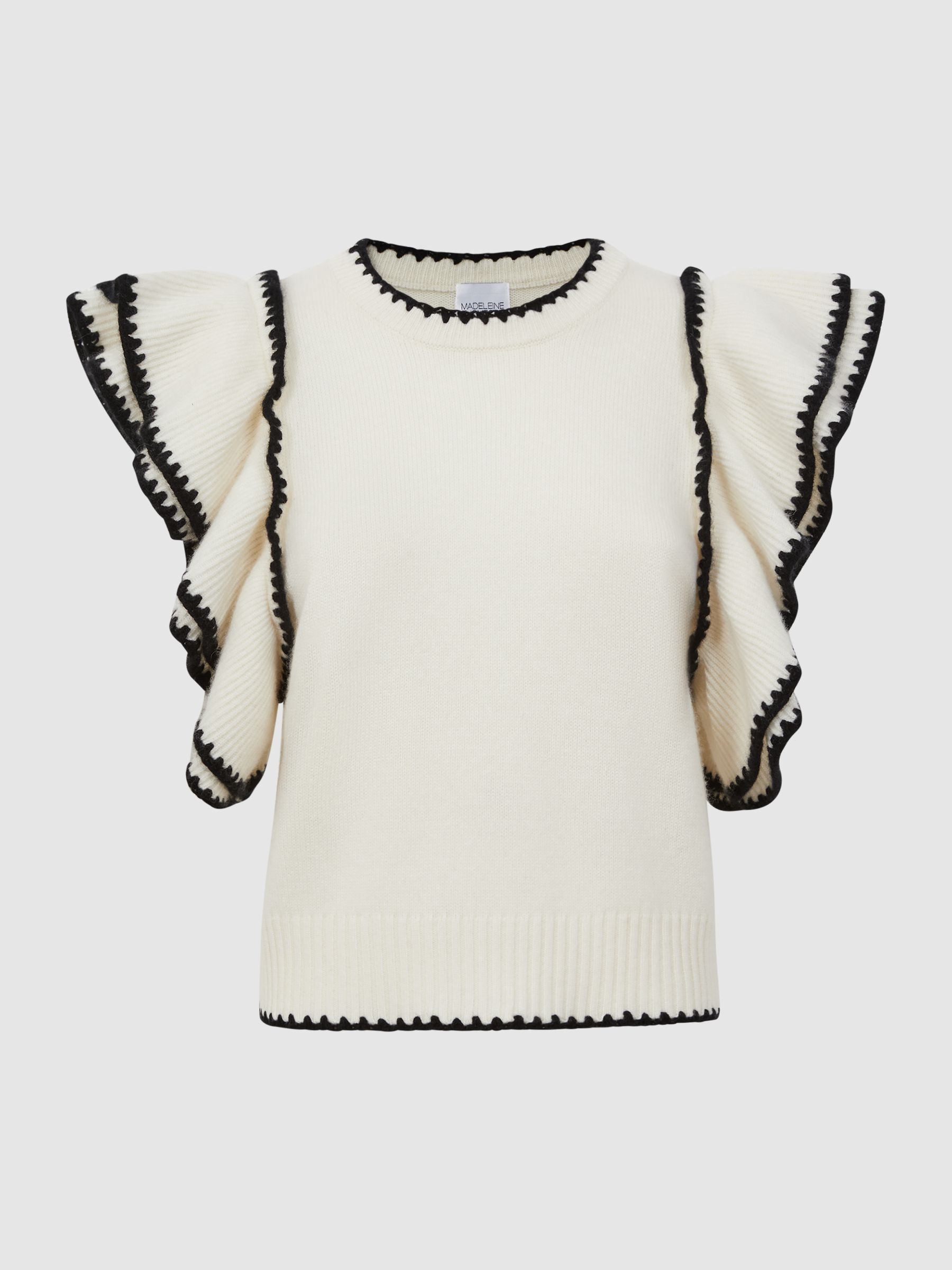 Madeleine Thompson Wool-Cashmere Frill Sleeve Top in Cream/Black - Image 2 of 5