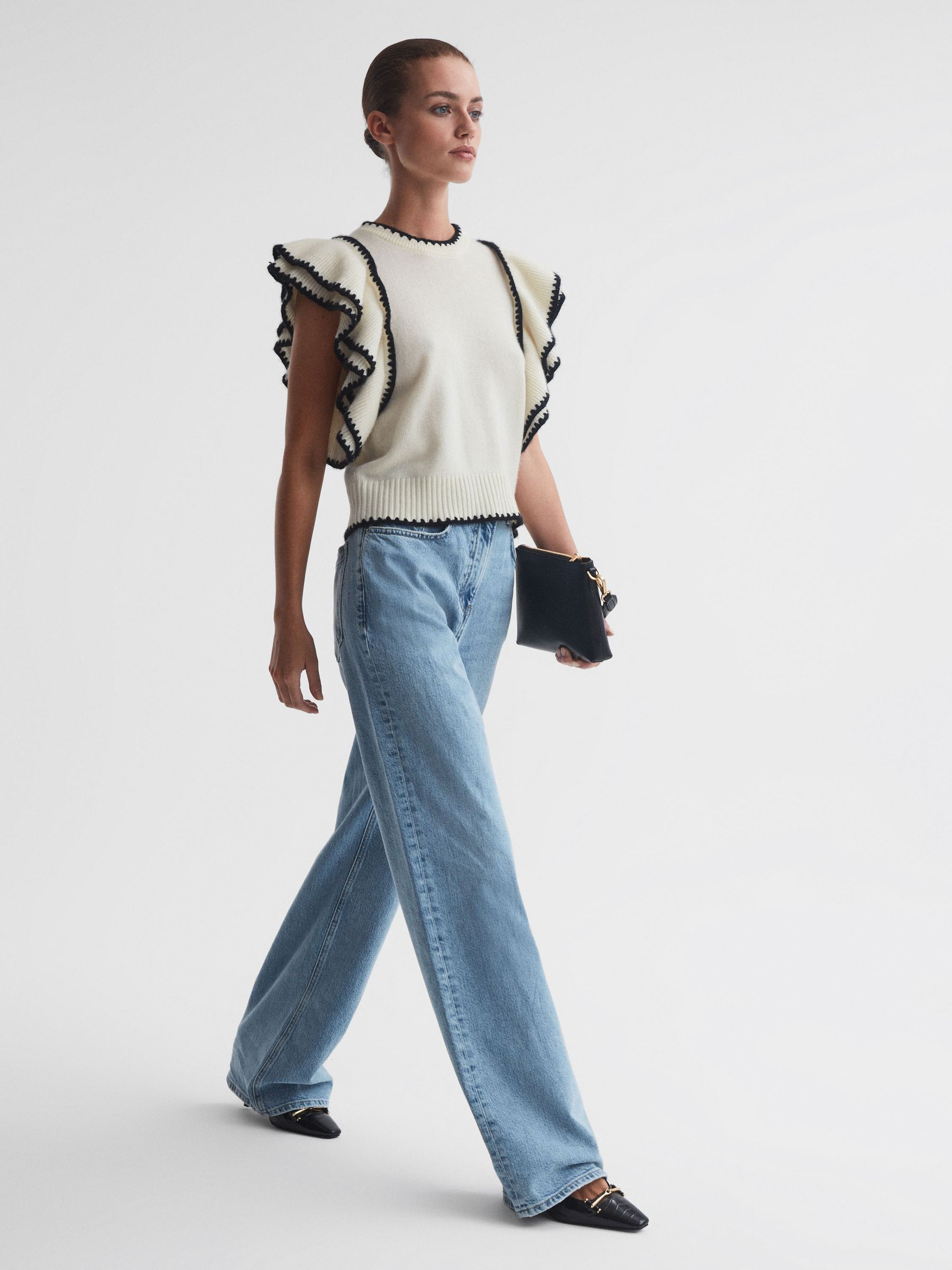 Madeleine Thompson Wool-Cashmere Frill Sleeve Top in Cream/Black - Image 3 of 5
