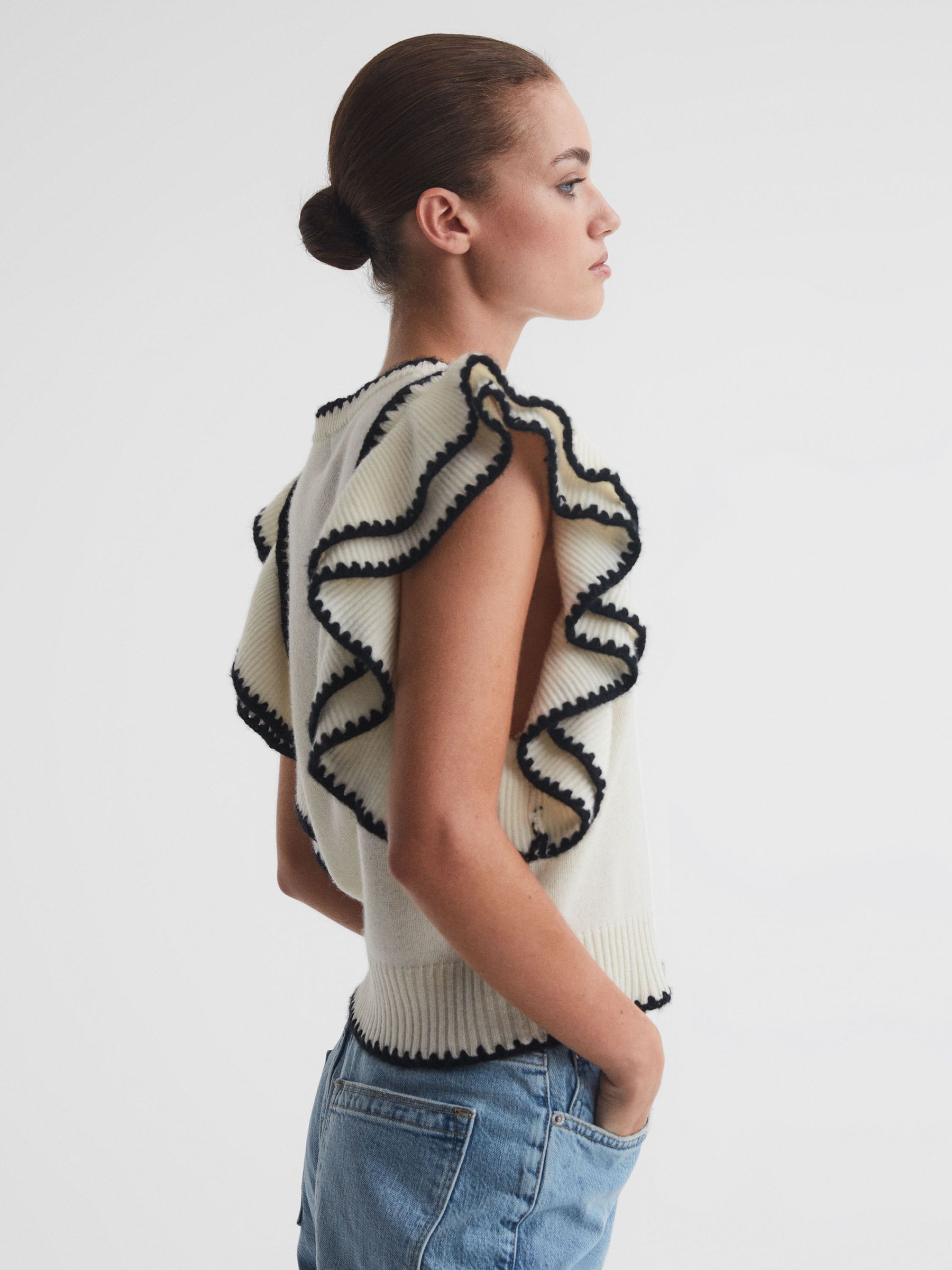 Madeleine Thompson Wool-Cashmere Frill Sleeve Top in Cream/Black - Image 4 of 5