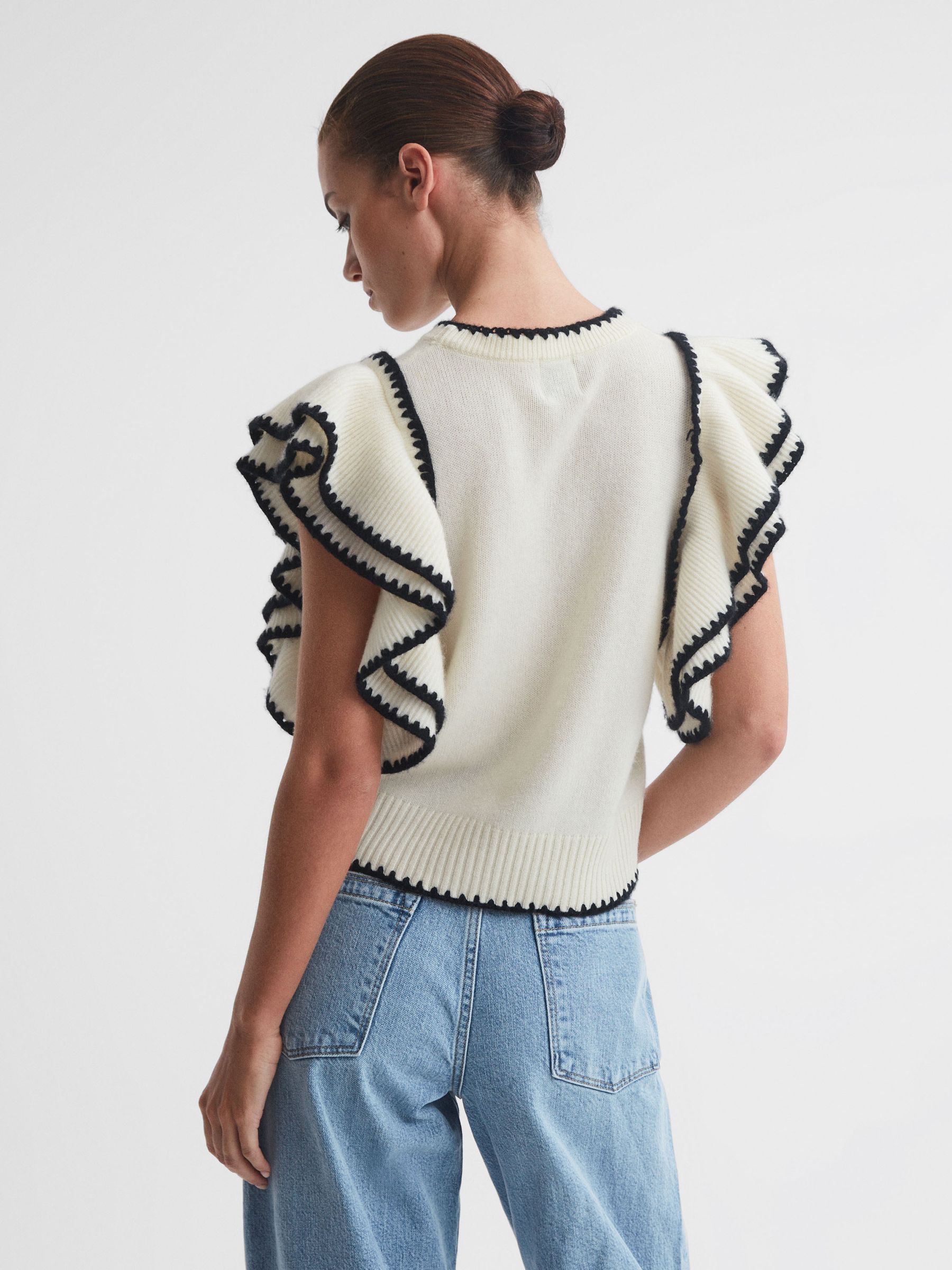 Madeleine Thompson Wool-Cashmere Frill Sleeve Top in Cream/Black - Image 5 of 5