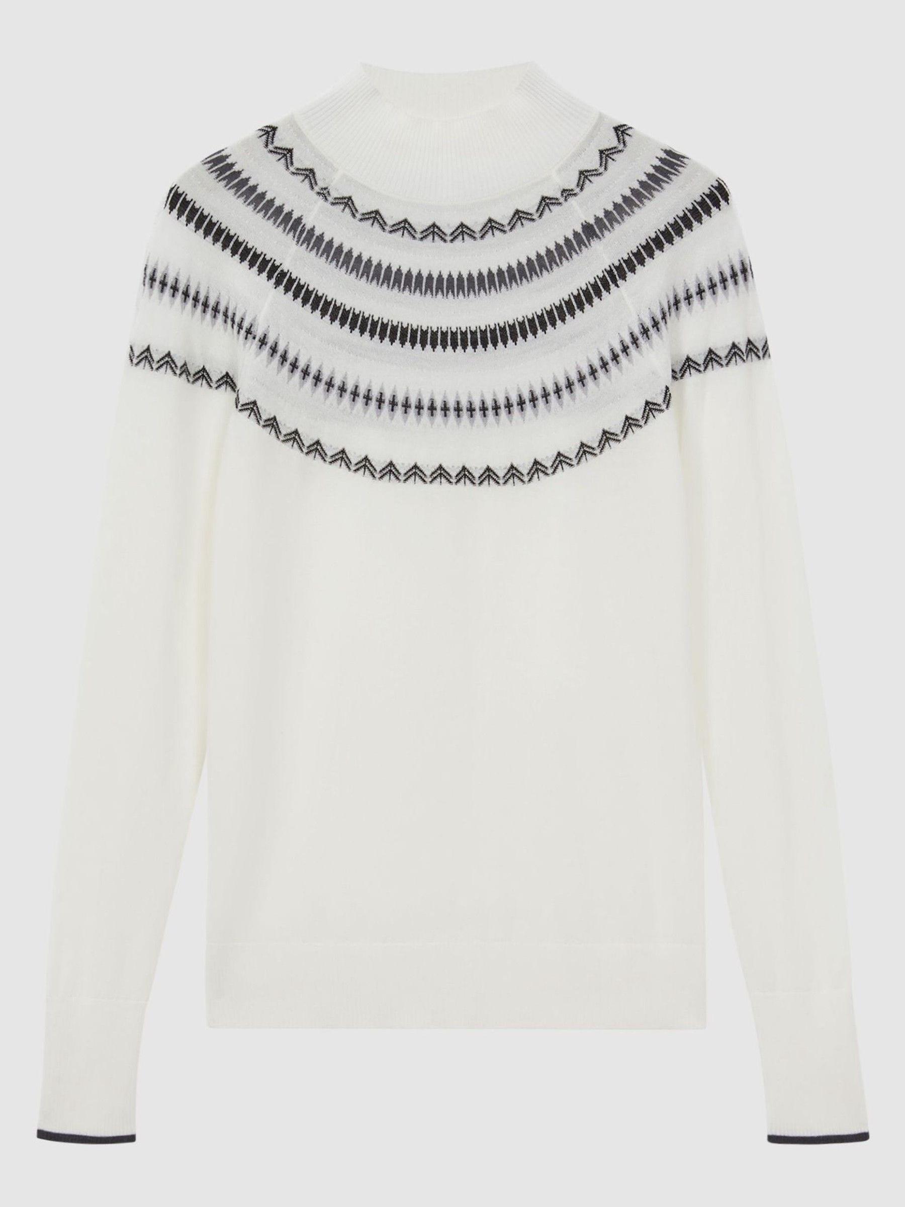 Wool-Cashmere Fairisle Pattern Funnel Neck Jumper in Cream/Grey - Image 2 of 5