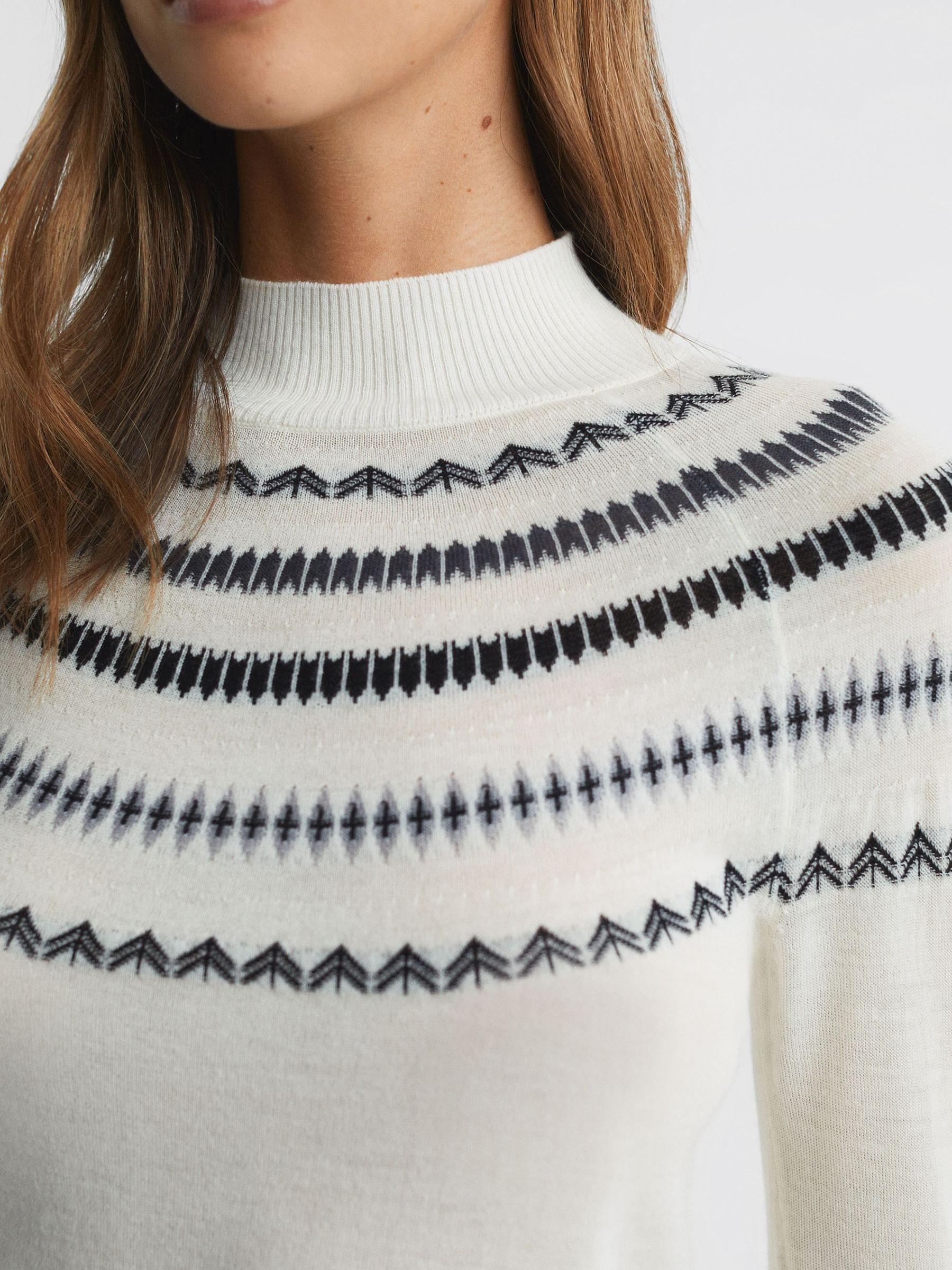 Wool-Cashmere Fairisle Pattern Funnel Neck Jumper in Cream/Grey - Image 4 of 5