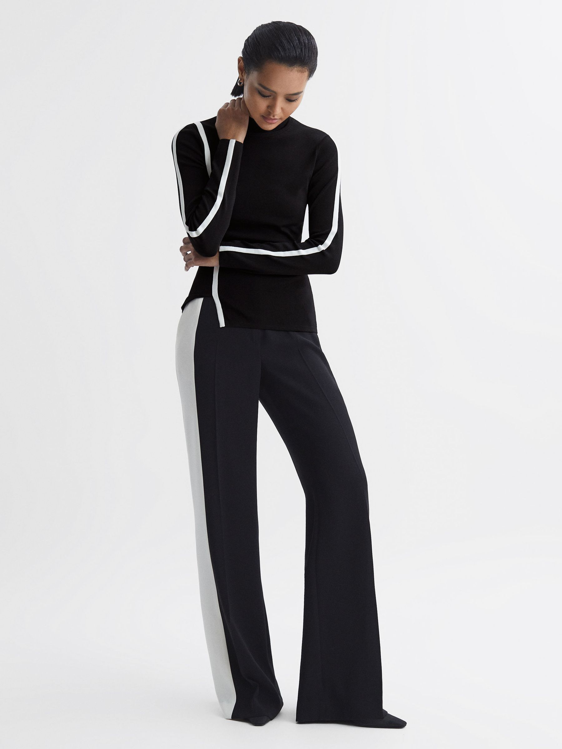 Contrast Stripe Long Sleeve Top in Black/White - Image 2 of 5