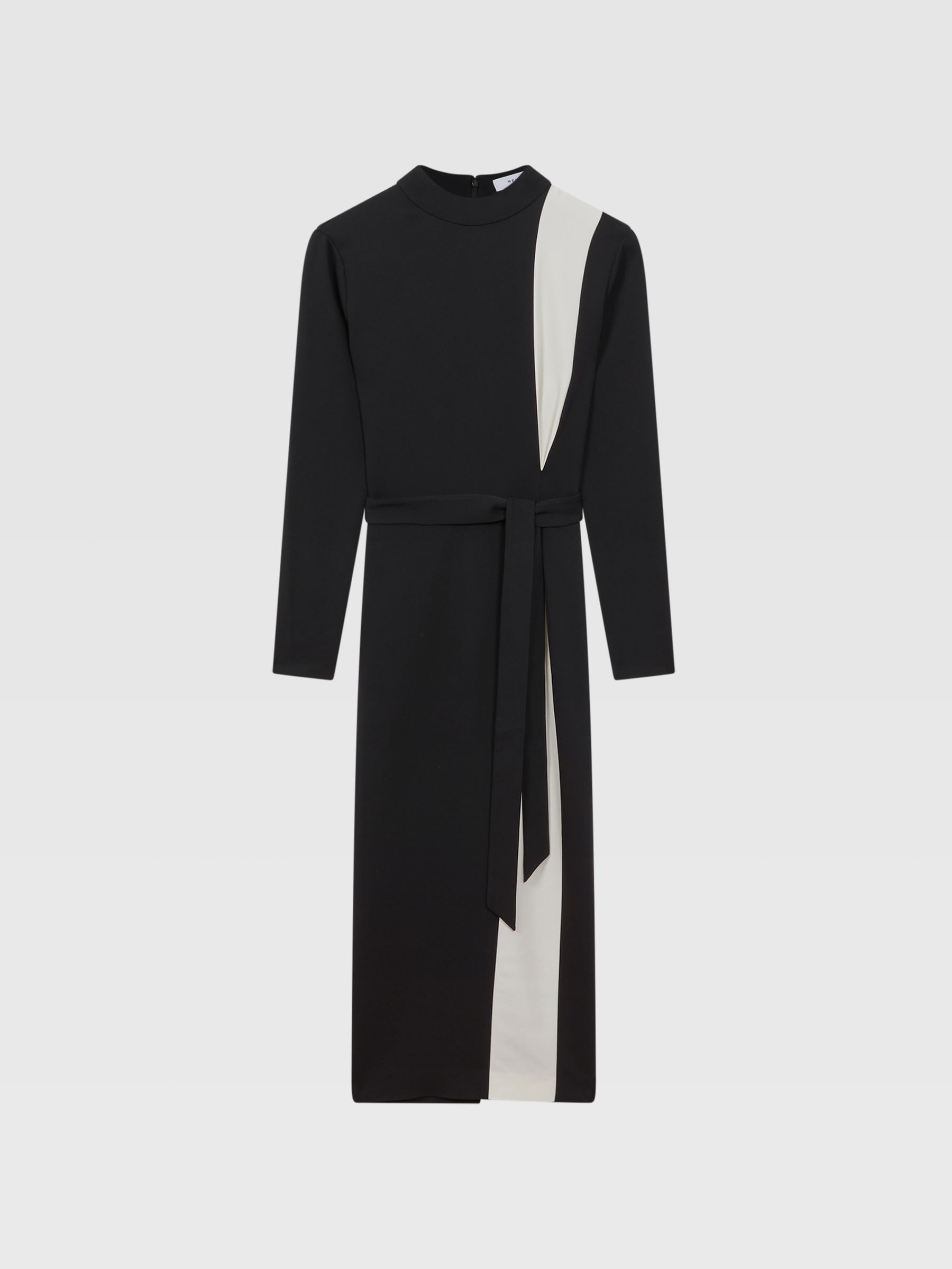 Contrast Stripe Belted Midi Dress in Black/White - Image 2 of 5