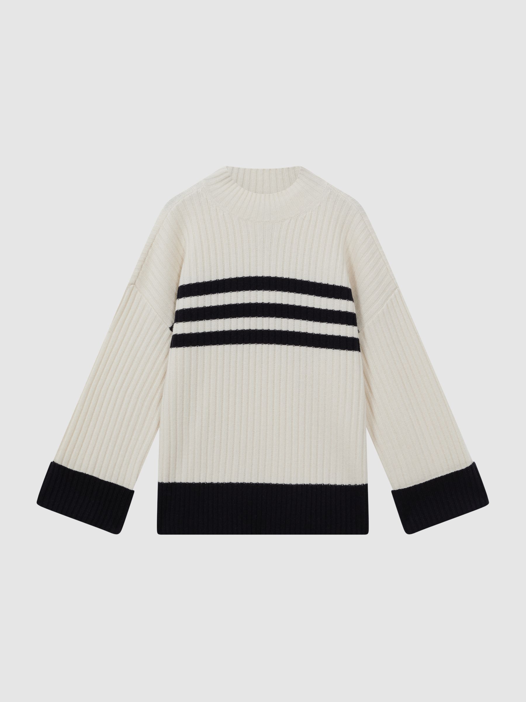 Ribbed Wool Funnel Neck Jumper in Cream/Navy - Image 2 of 4