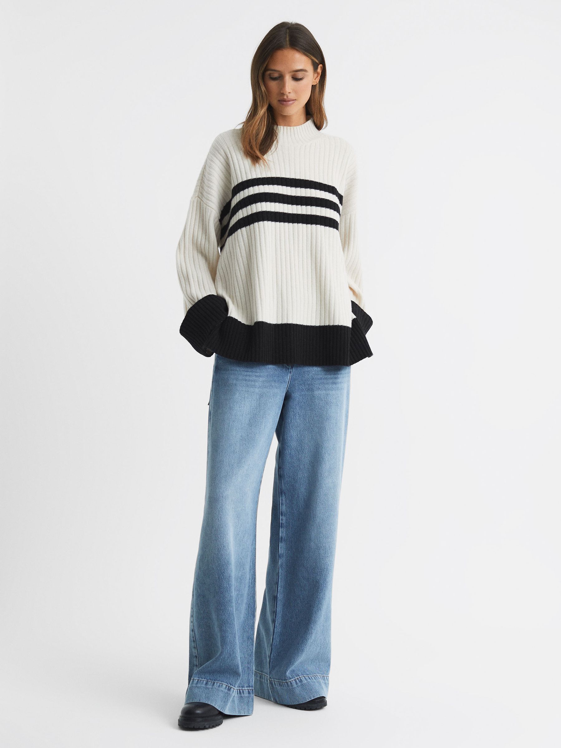 Ribbed Wool Funnel Neck Jumper in Cream/Navy - Image 3 of 4
