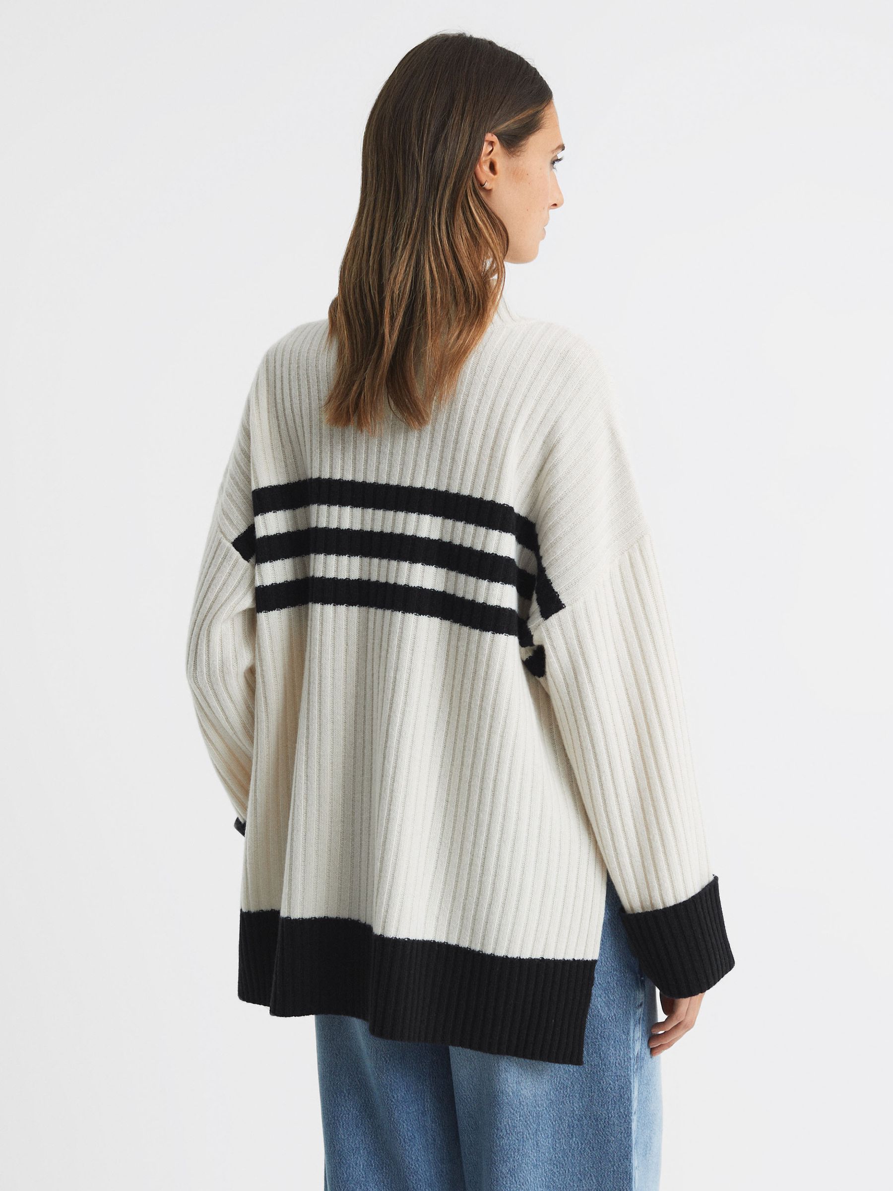 Ribbed Wool Funnel Neck Jumper in Cream/Navy - Image 4 of 4
