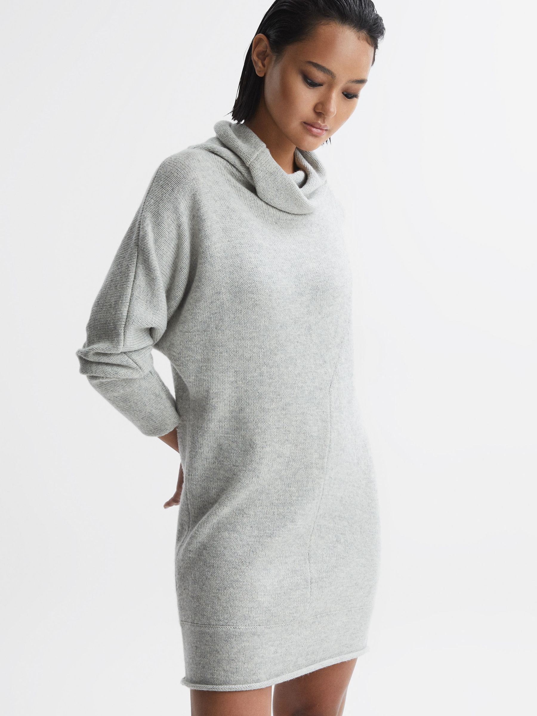 Oversized Wool Blend Cowl Neck Mini Dress in Soft Grey - Image 3 of 5