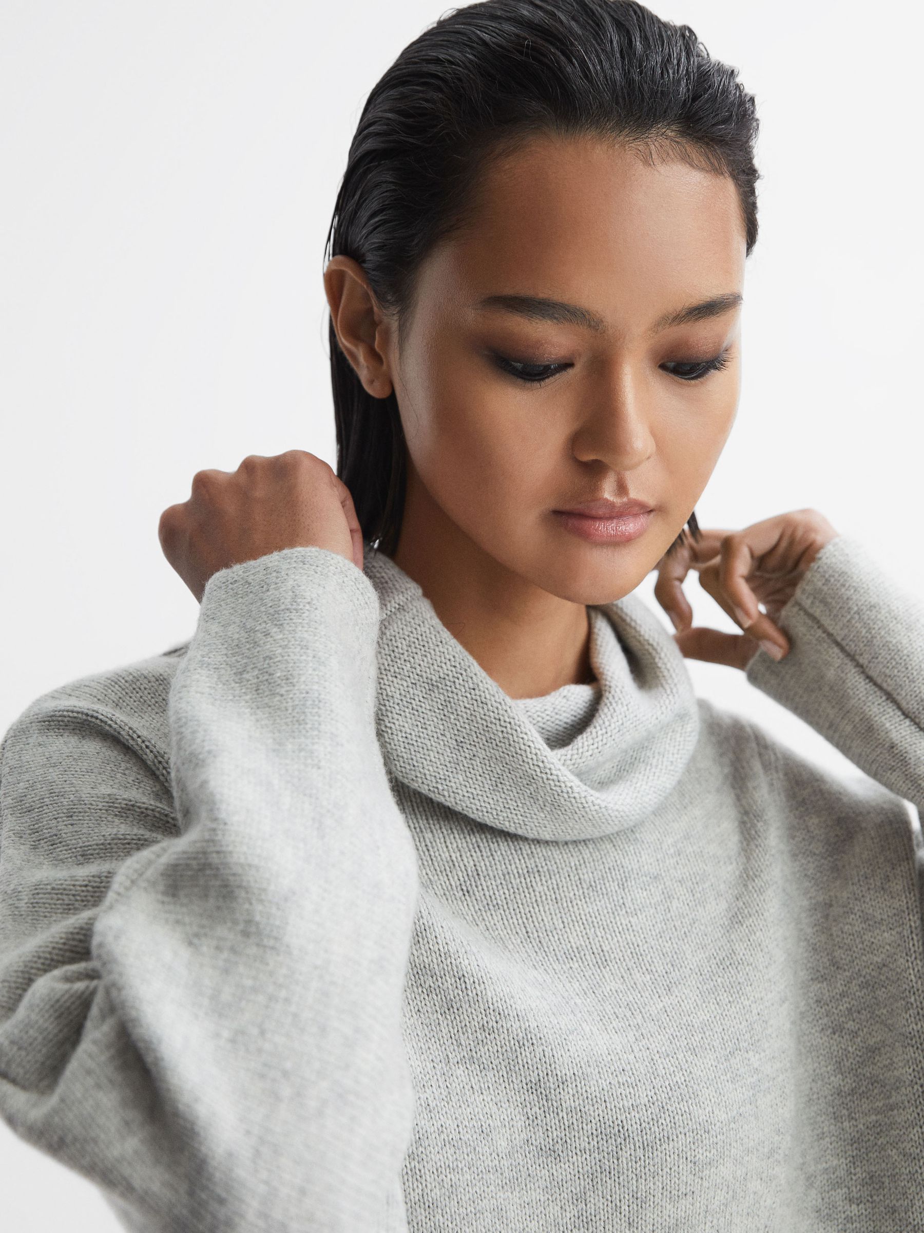Oversized Wool Blend Cowl Neck Mini Dress in Soft Grey - Image 4 of 5