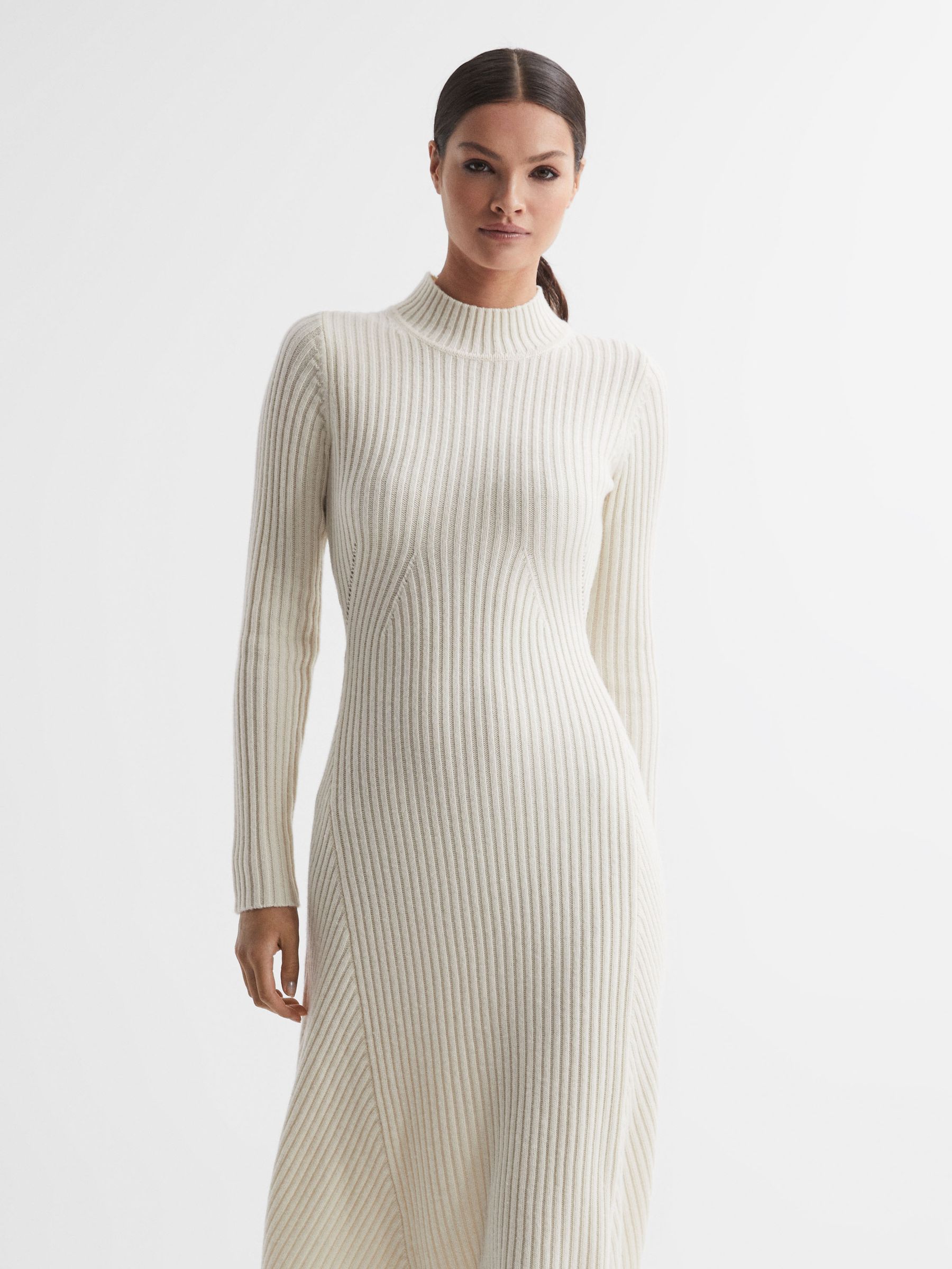 Wool Blend Bodycon Midi Dress in Cream - Image 3 of 5