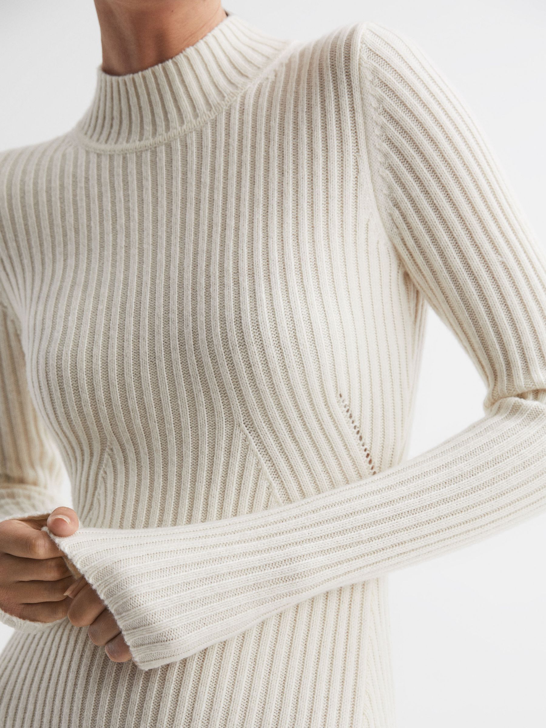 Wool Blend Bodycon Midi Dress in Cream - Image 4 of 5
