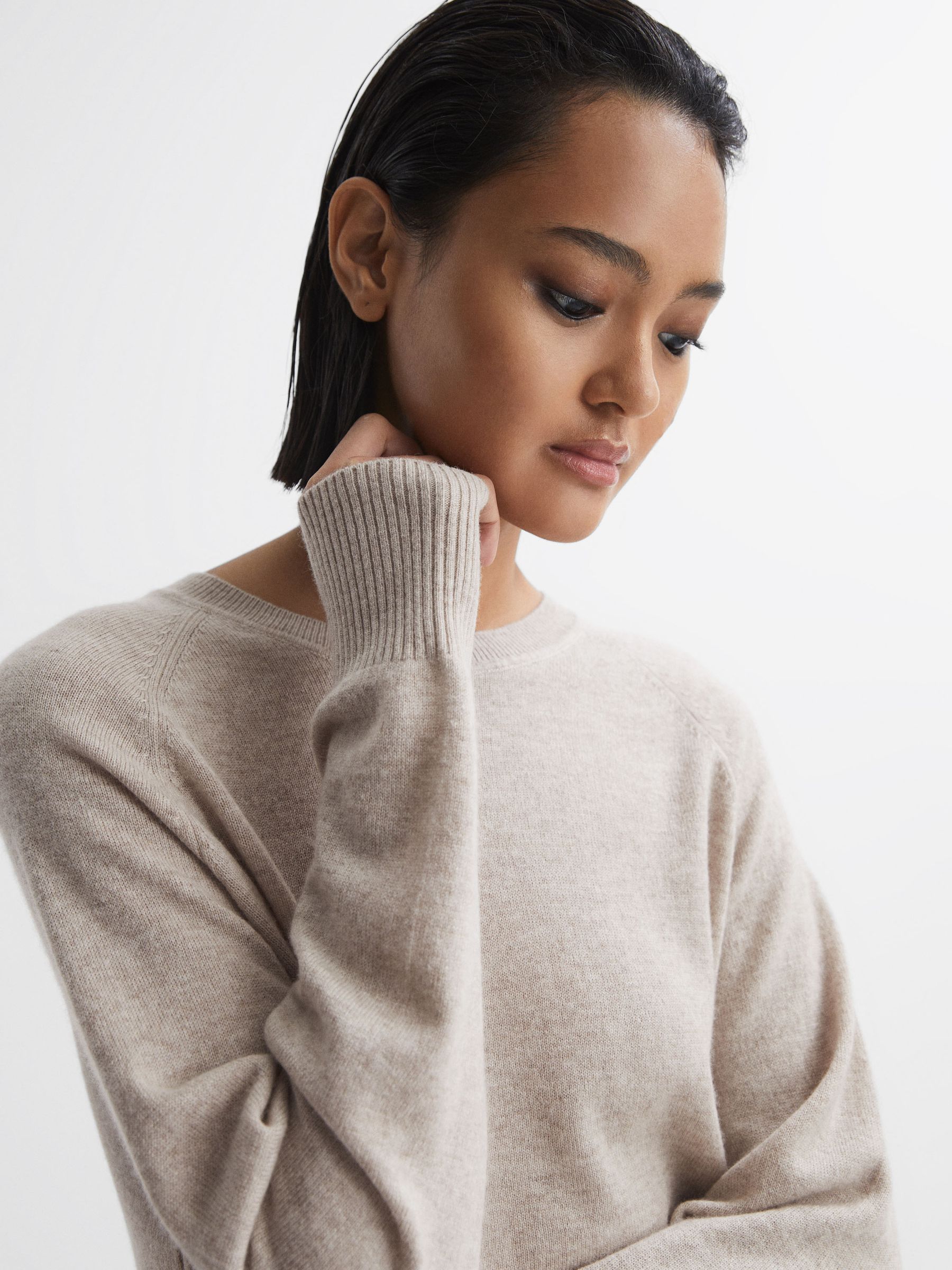 Oversized Wool Blend Crew Neck Jumper in Stone - Image 1 of 5
