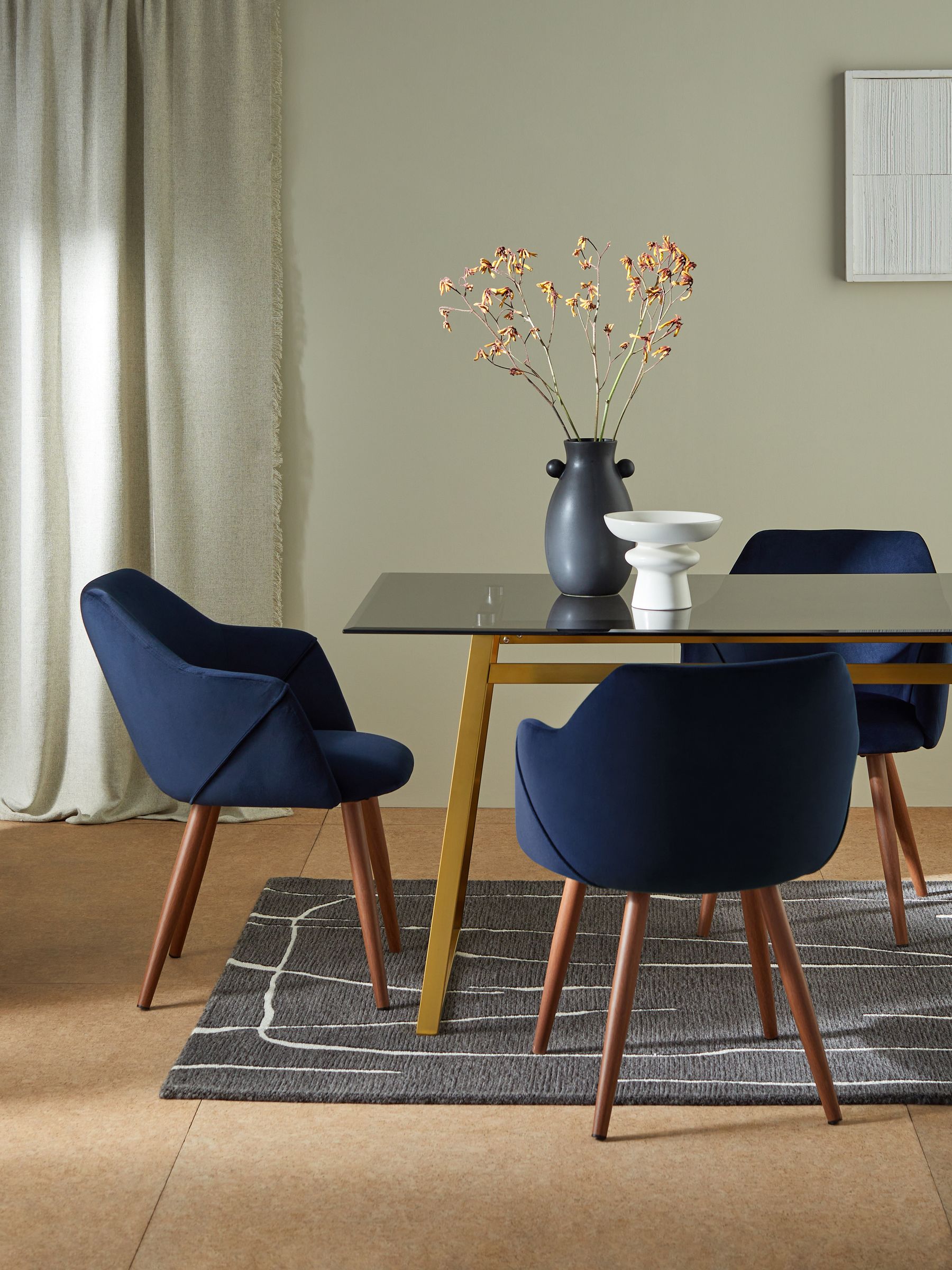 Set of Lule Arm Dining Chairs in Dark Blue and Walnut Legs Made