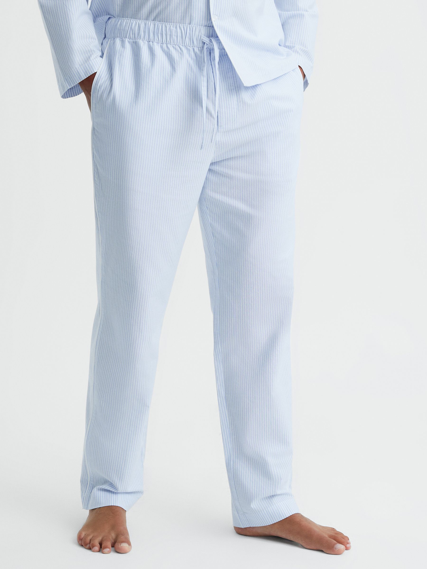 Striped Cotton Drawstring Pyjama Bottoms in Blue/White - Image 3 of 5