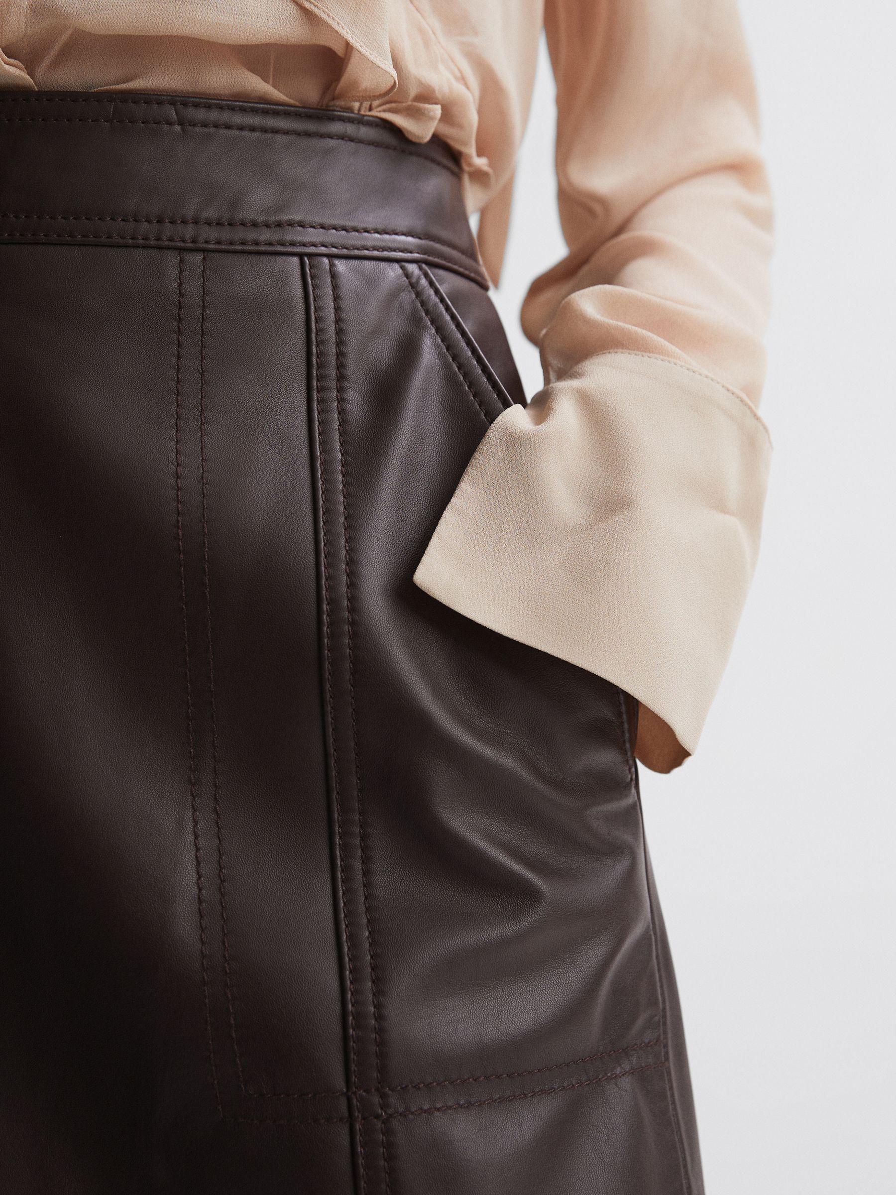 Edie Chocolate Leather High Rise Mini Skirt - Image 4 of 5