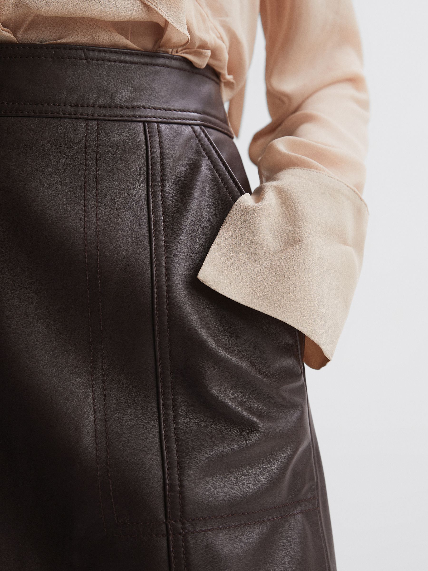 Edie Chocolate Leather High Rise Mini Skirt - Image 6 of 10