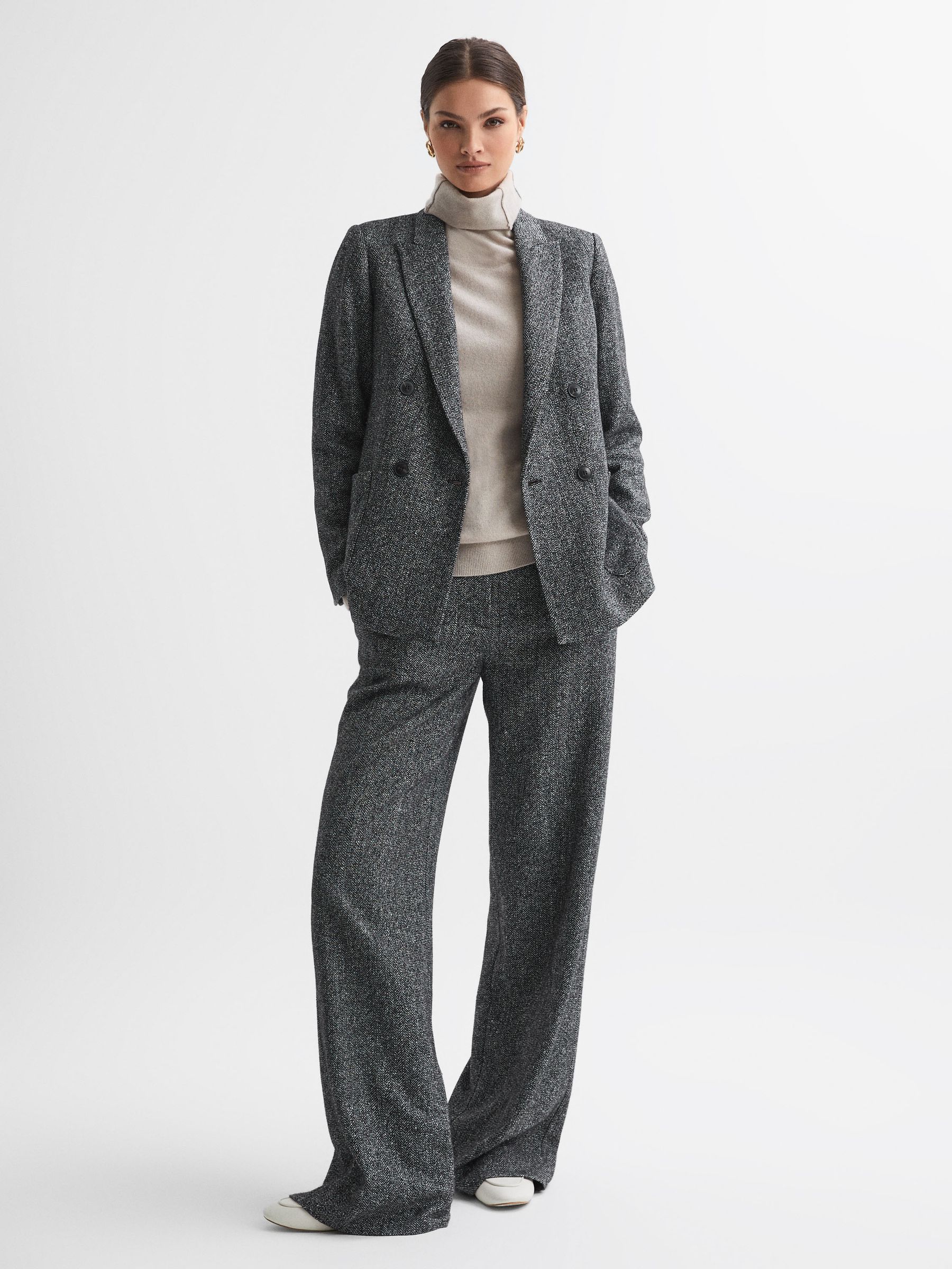 Relaxed Fit Textured Double Breasted Suit Blazer in Grey - Image 1 of 7