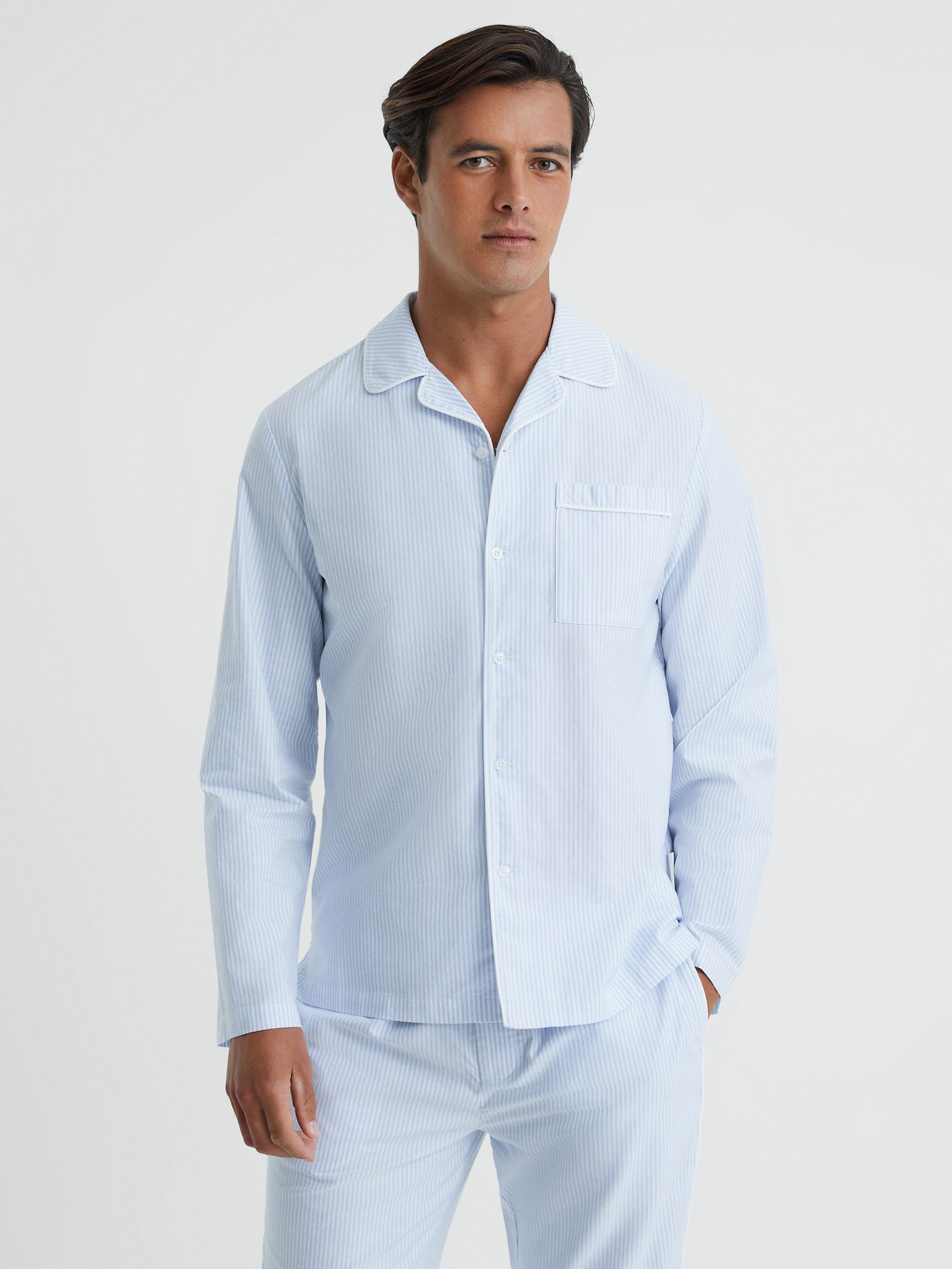 Striped Cotton Button-Through Pyjama Shirt in Blue/White - Image 1 of 5