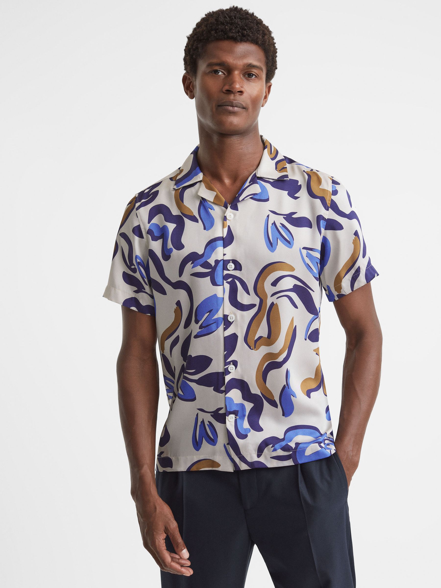 Abstract Print Cuban Collar Shirt in White Multi - Image 1 of 5