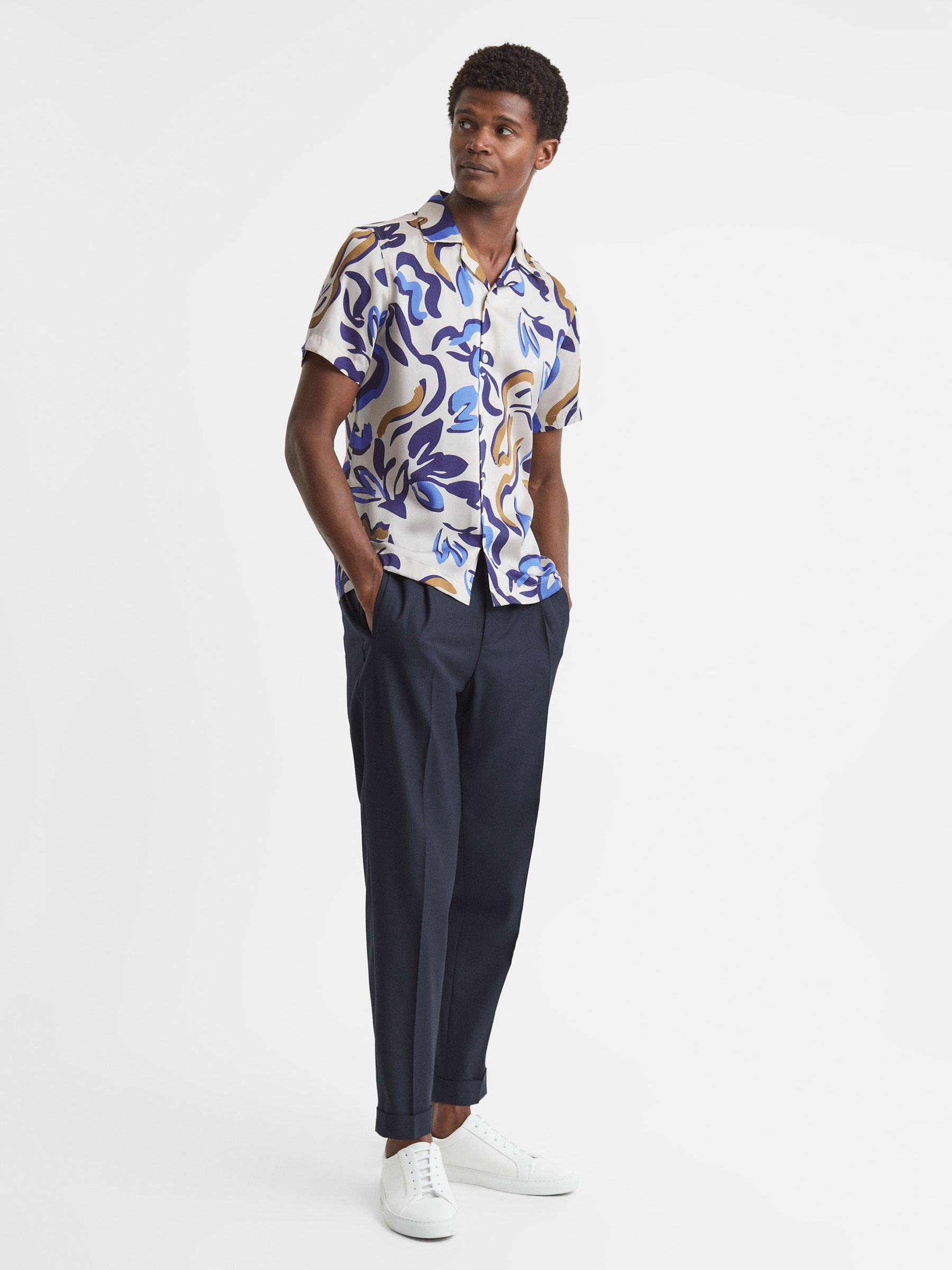 Abstract Print Cuban Collar Shirt in White Multi - Image 4 of 5