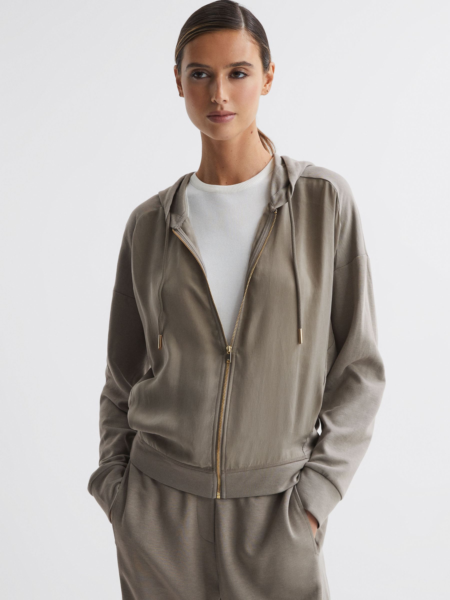 Hybrid Zip-Through Hoodie in Khaki - Image 1 of 4