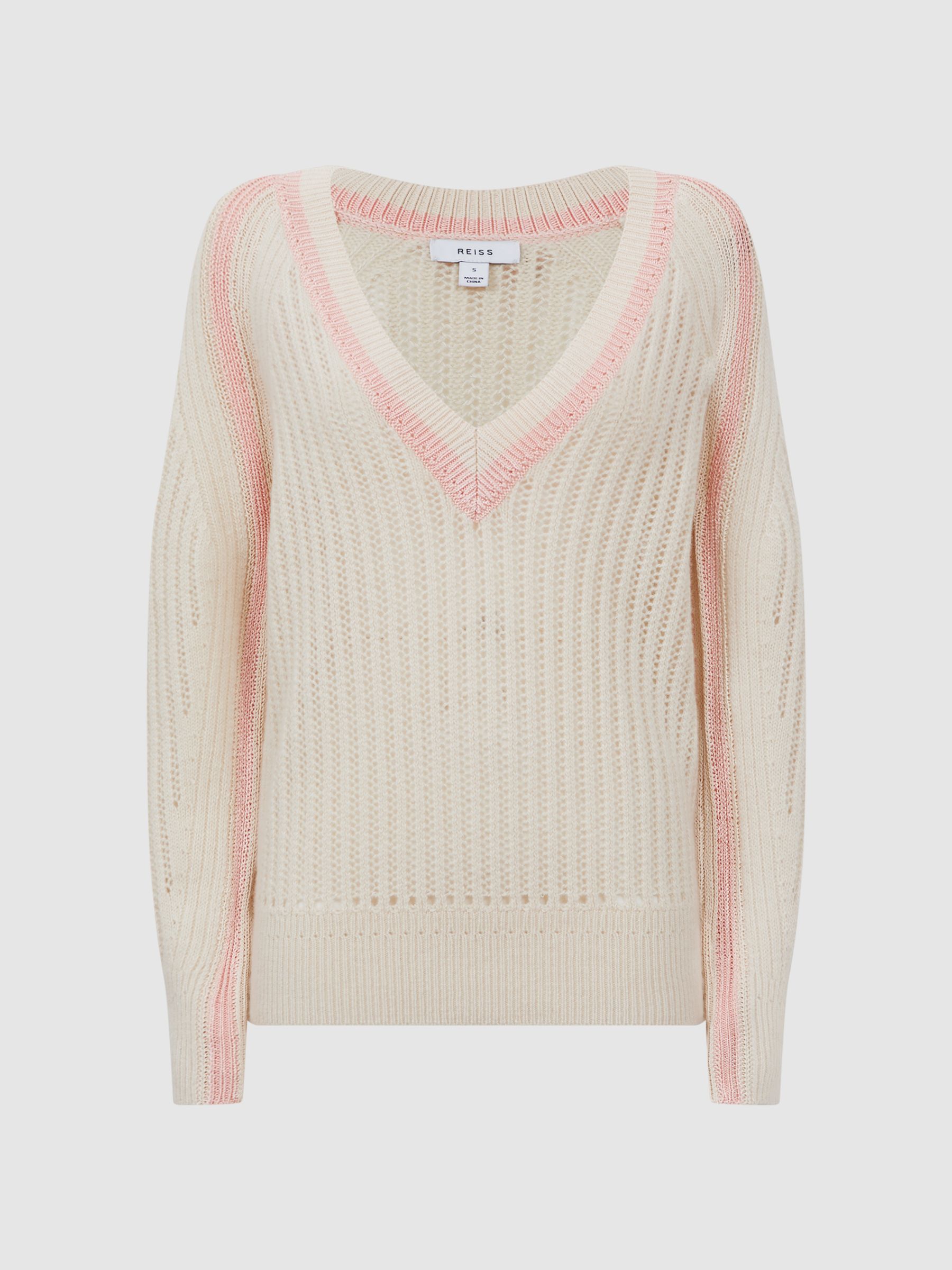 Wool Blend Knitted V-Neck Jumper in Cream/Nude - Image 2 of 5