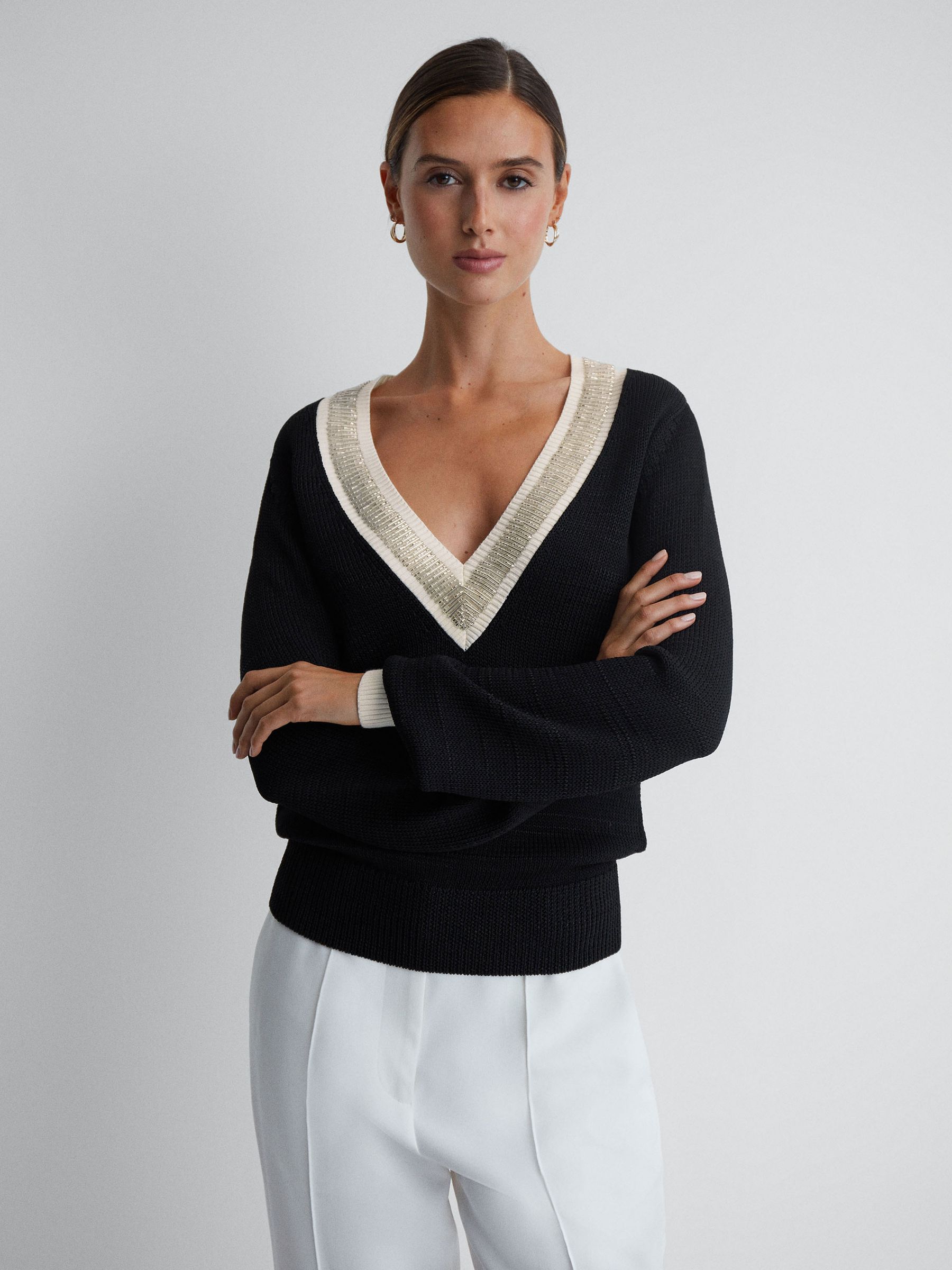 Contrast Trim Embellished V-Neck Jumper in Black/Cream - Image 1 of 5