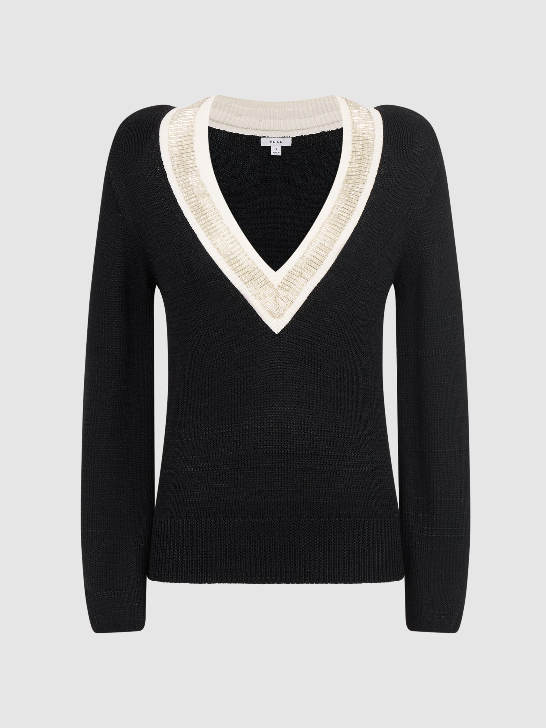 Contrast Trim Embellished V-Neck Jumper in Black/Cream - Image 2 of 5