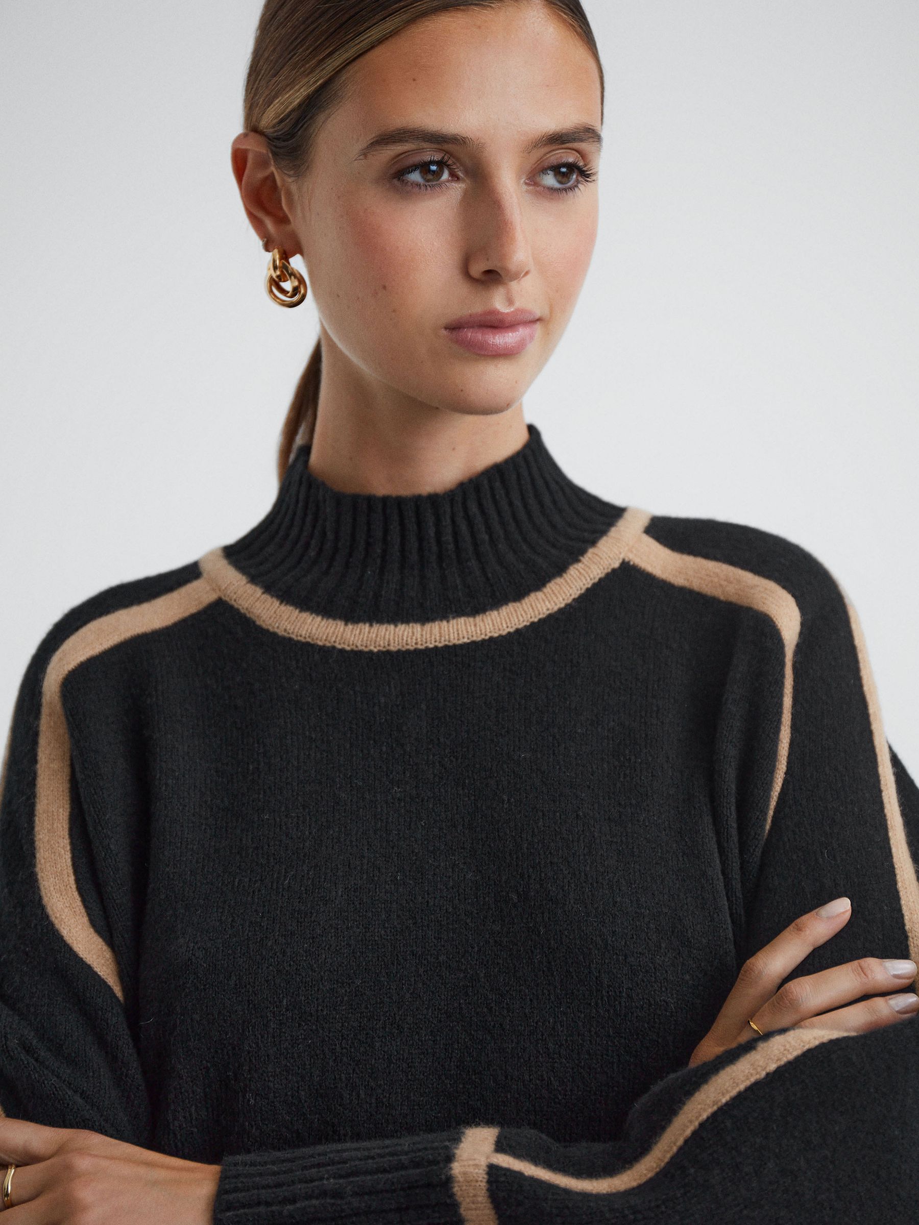 Casual Wool Contrast Funnel Neck Jumper in Black/Camel - Image 1 of 5