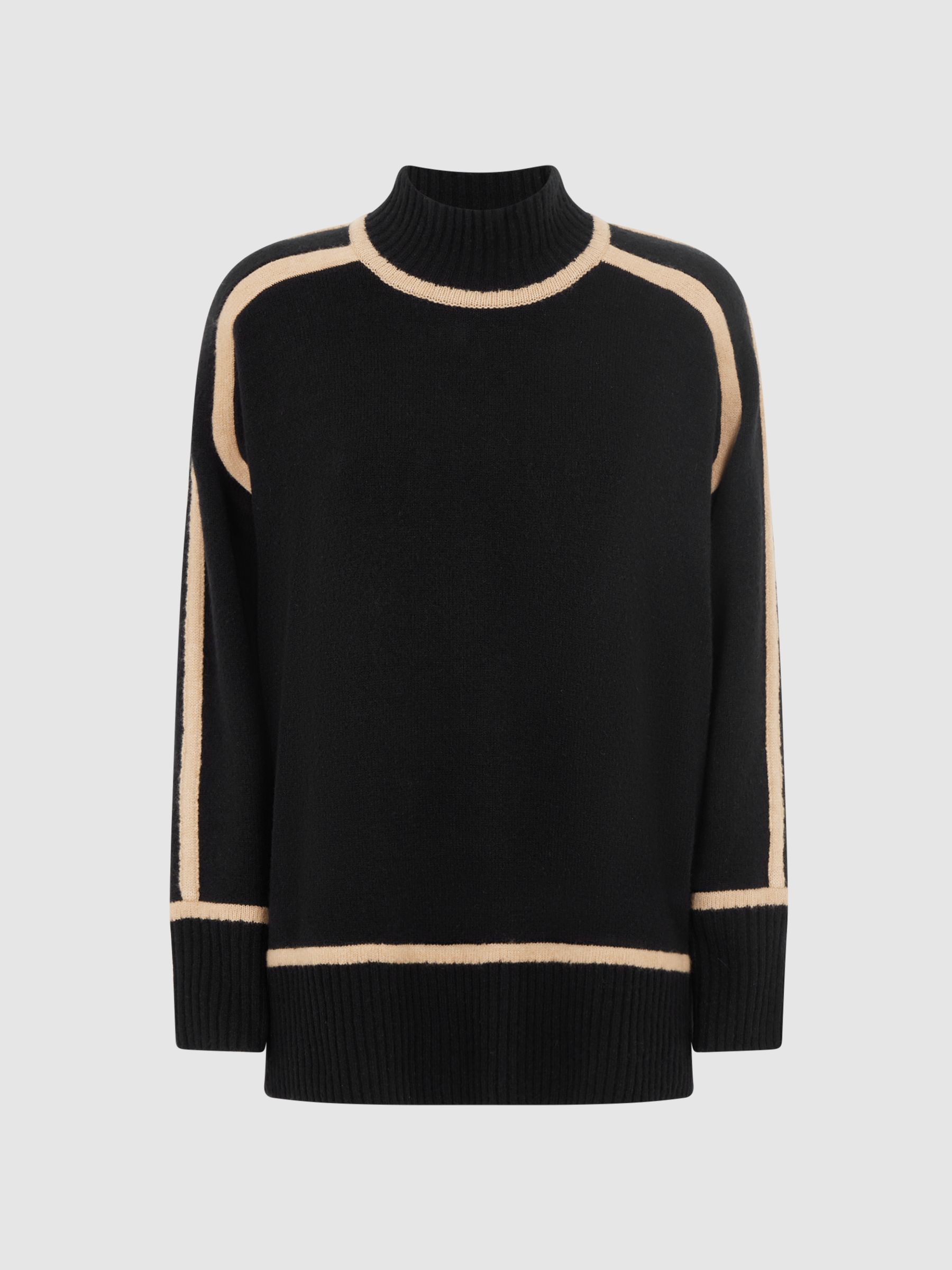 Casual Wool Contrast Funnel Neck Jumper in Black/Camel - Image 2 of 5 Casual Wool Contrast Funnel Neck Jumper in Black/Camel - Image 2 of 5