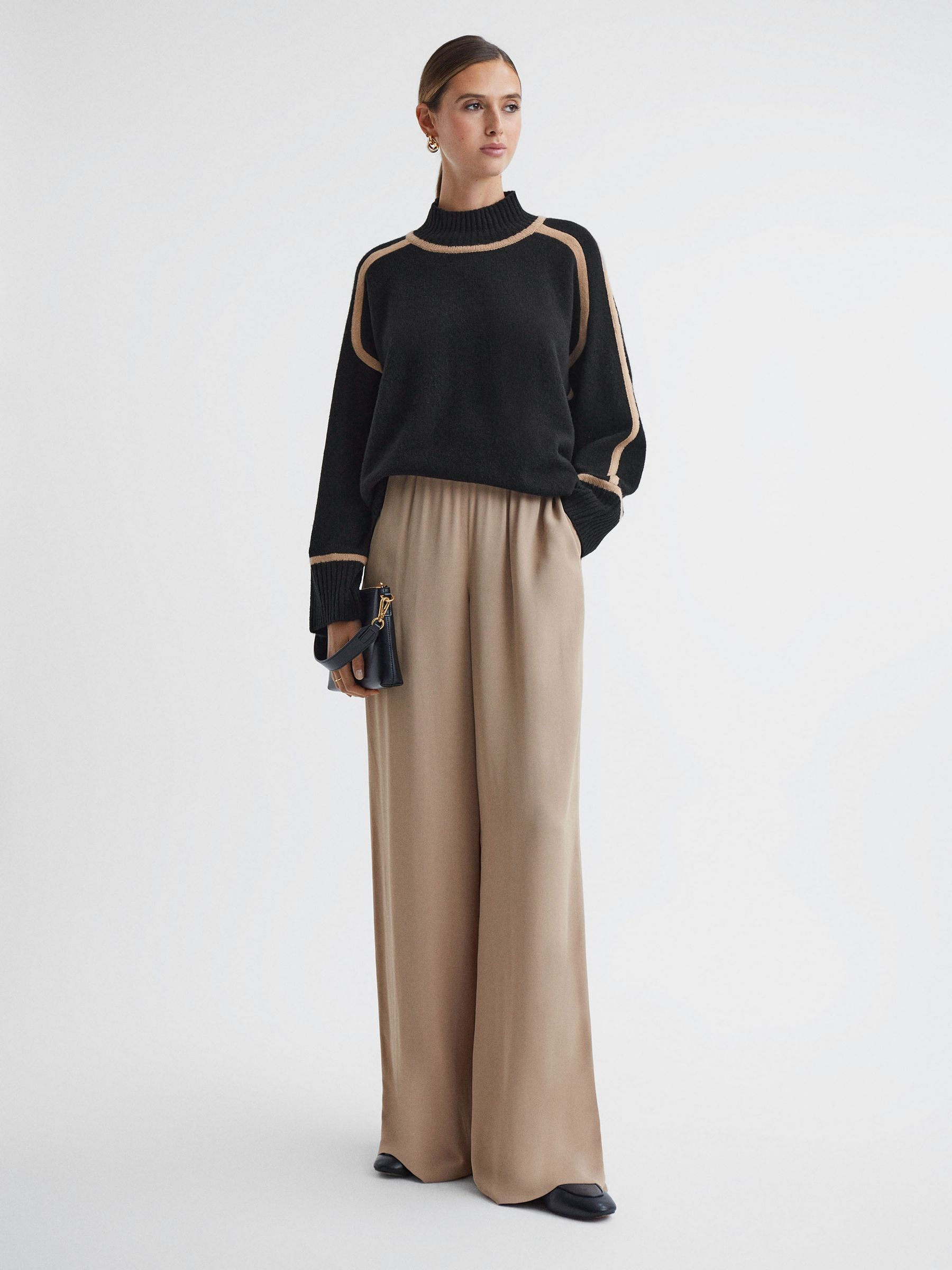 Casual Wool Contrast Funnel Neck Jumper in Black/Camel - Image 3 of 5