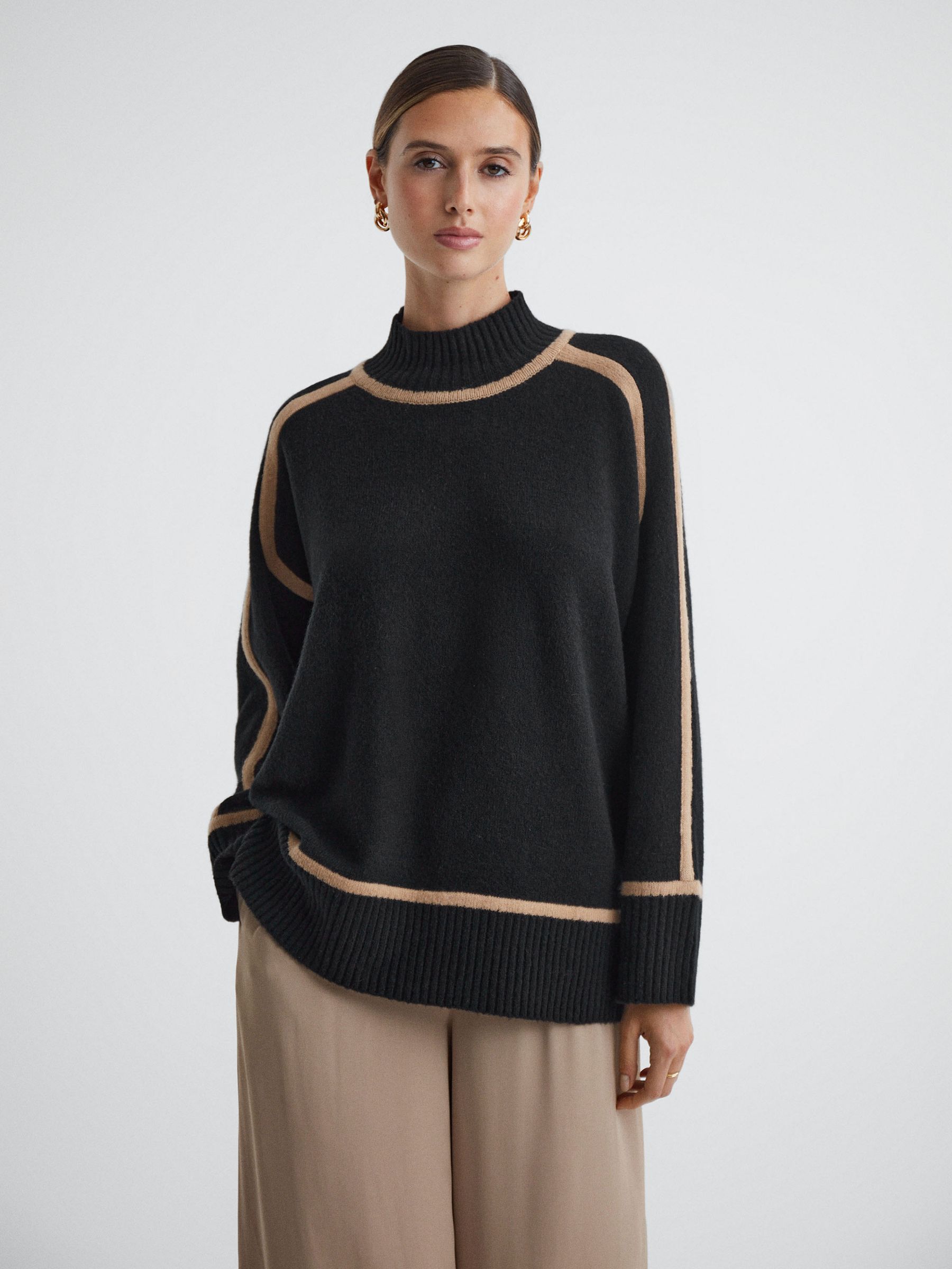 Casual Wool Contrast Funnel Neck Jumper in Black/Camel - Image 4 of 5