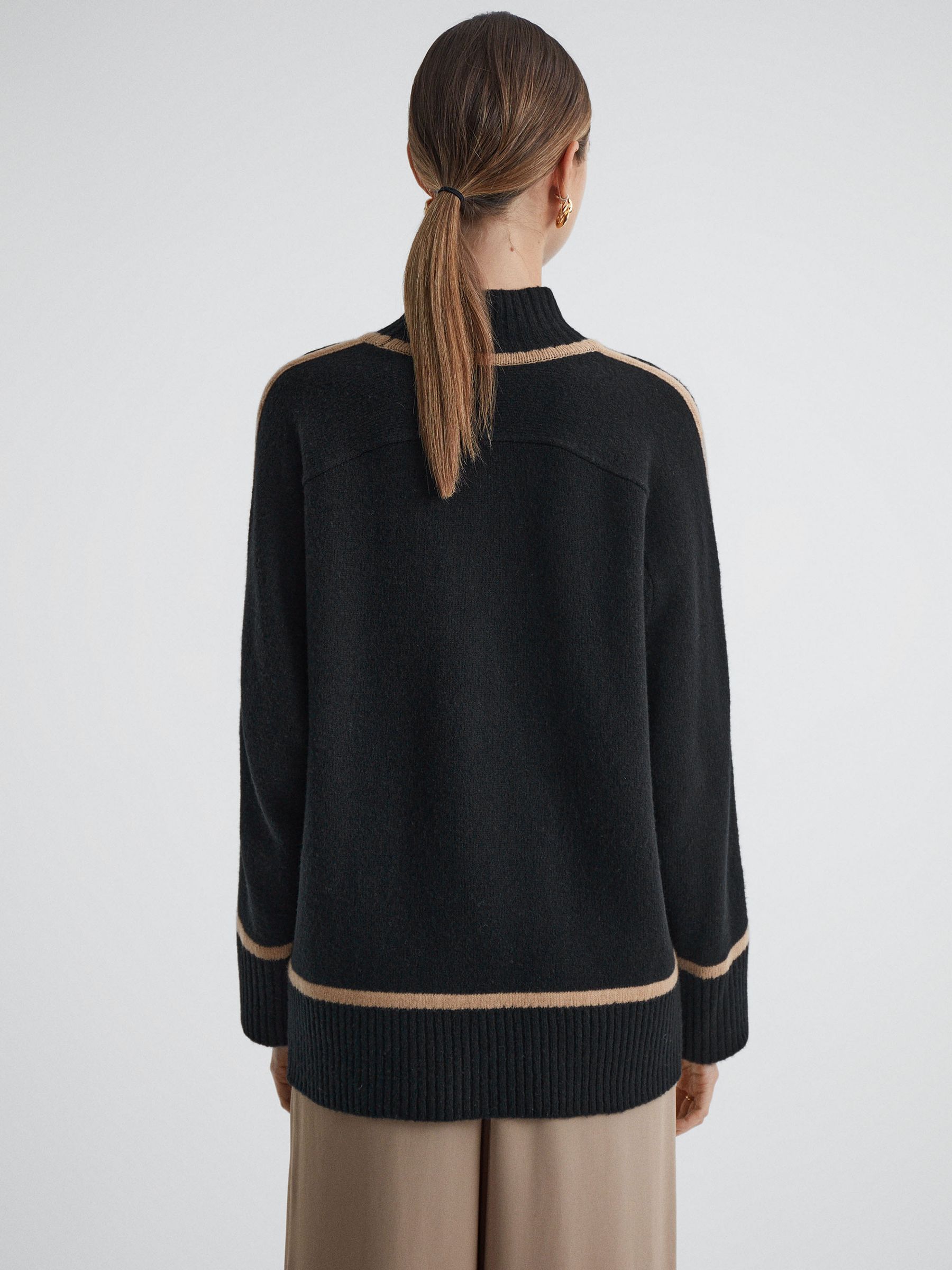 Casual Wool Contrast Funnel Neck Jumper in Black/Camel - Image 5 of 5