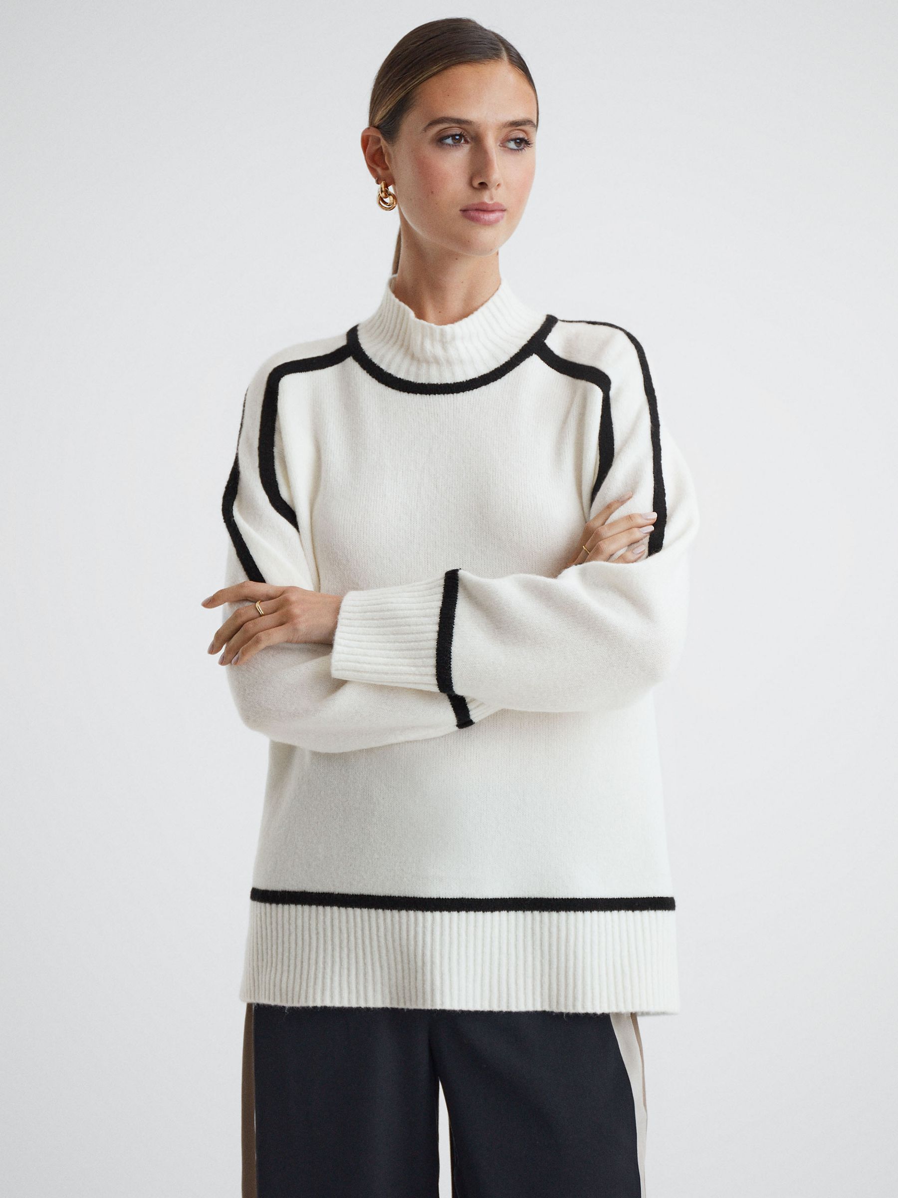 Casual Wool Contrast Funnel Neck Jumper in Ivory/Black - Image 1 of 1
