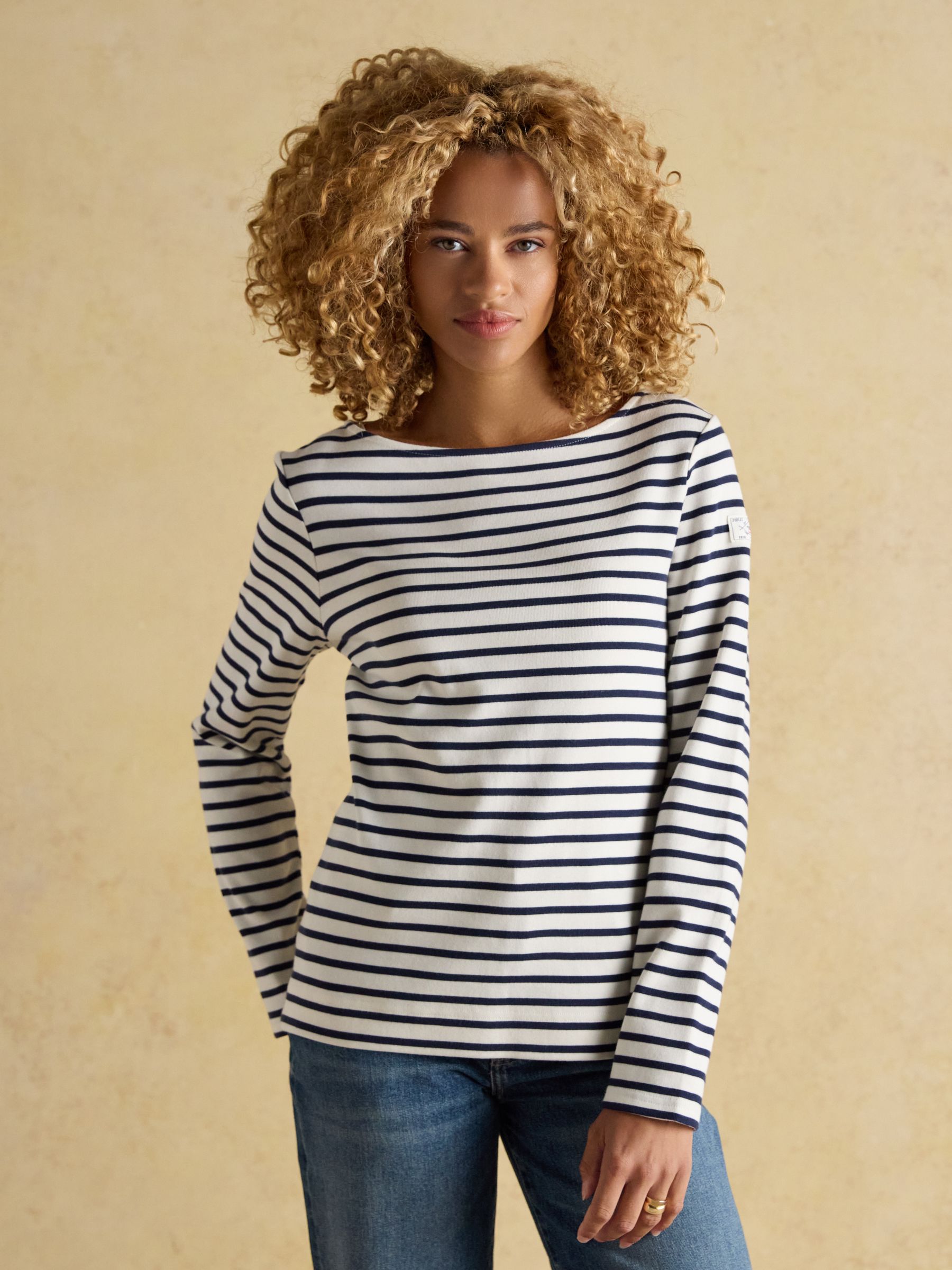 Harbour Cream & Navy Long Sleeve Striped Boat Neck Breton Top | Joules
