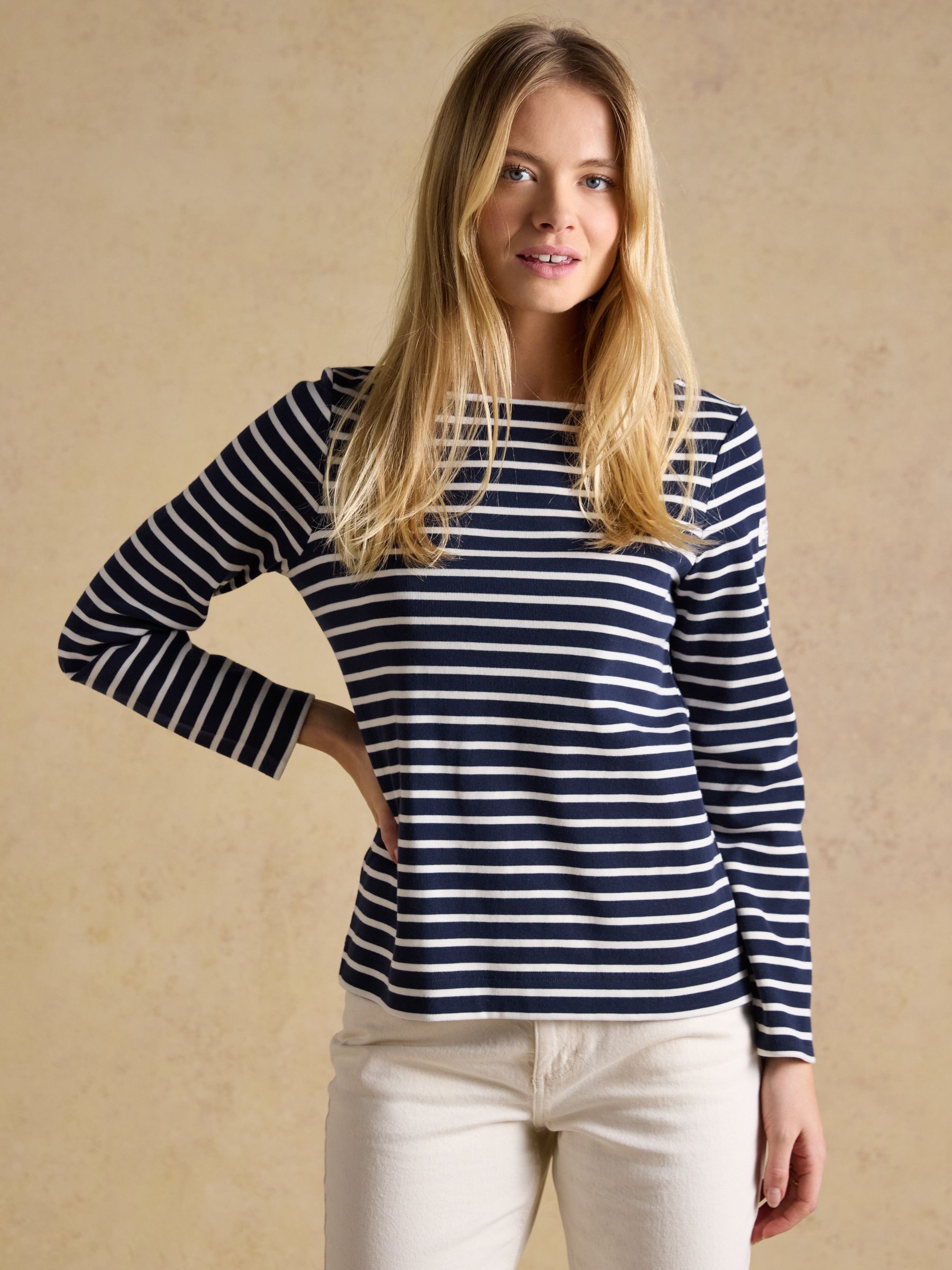 Harbour Navy & White Long Sleeve Striped Boat Neck Breton Top | Joules