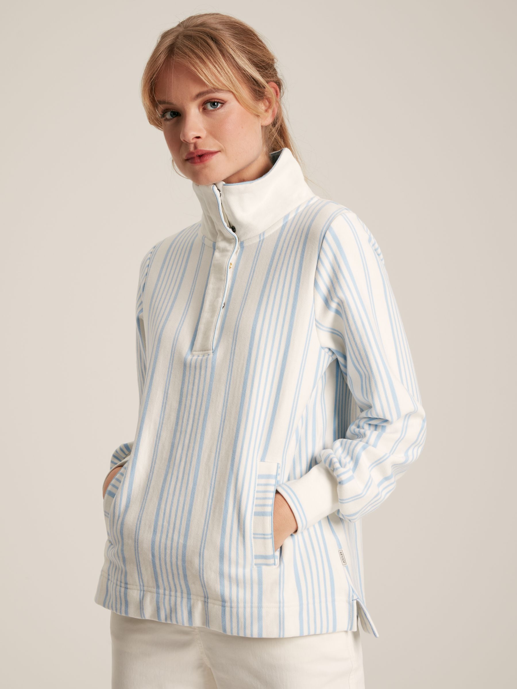 Burnham Blue & White Striped Funnel Neck Quarter Zip Sweatshirt - Image 1 of 7
