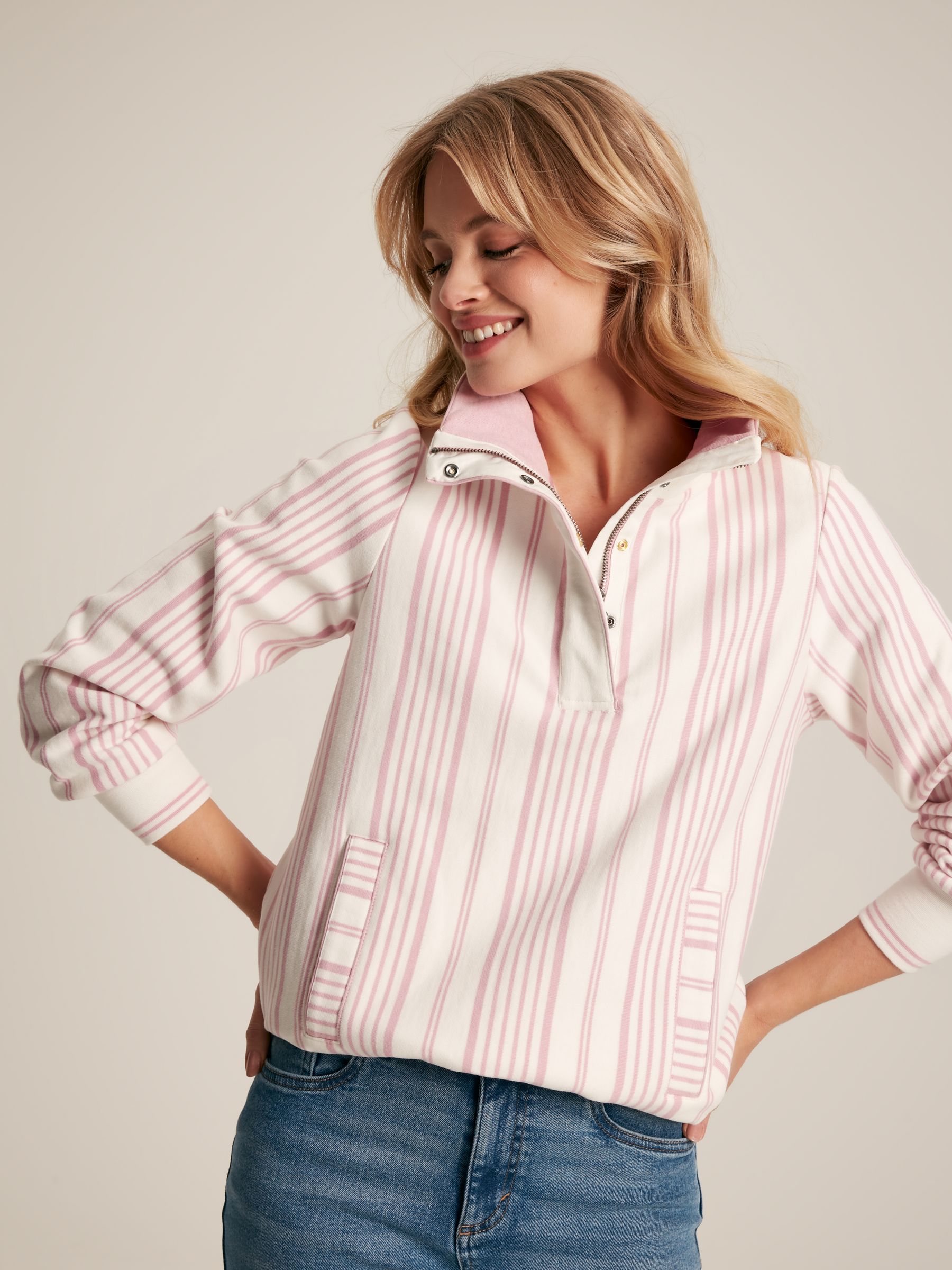 Burnham Pink/White Funnel Neck Quarter Zip Sweatshirt - Image 1 of 6