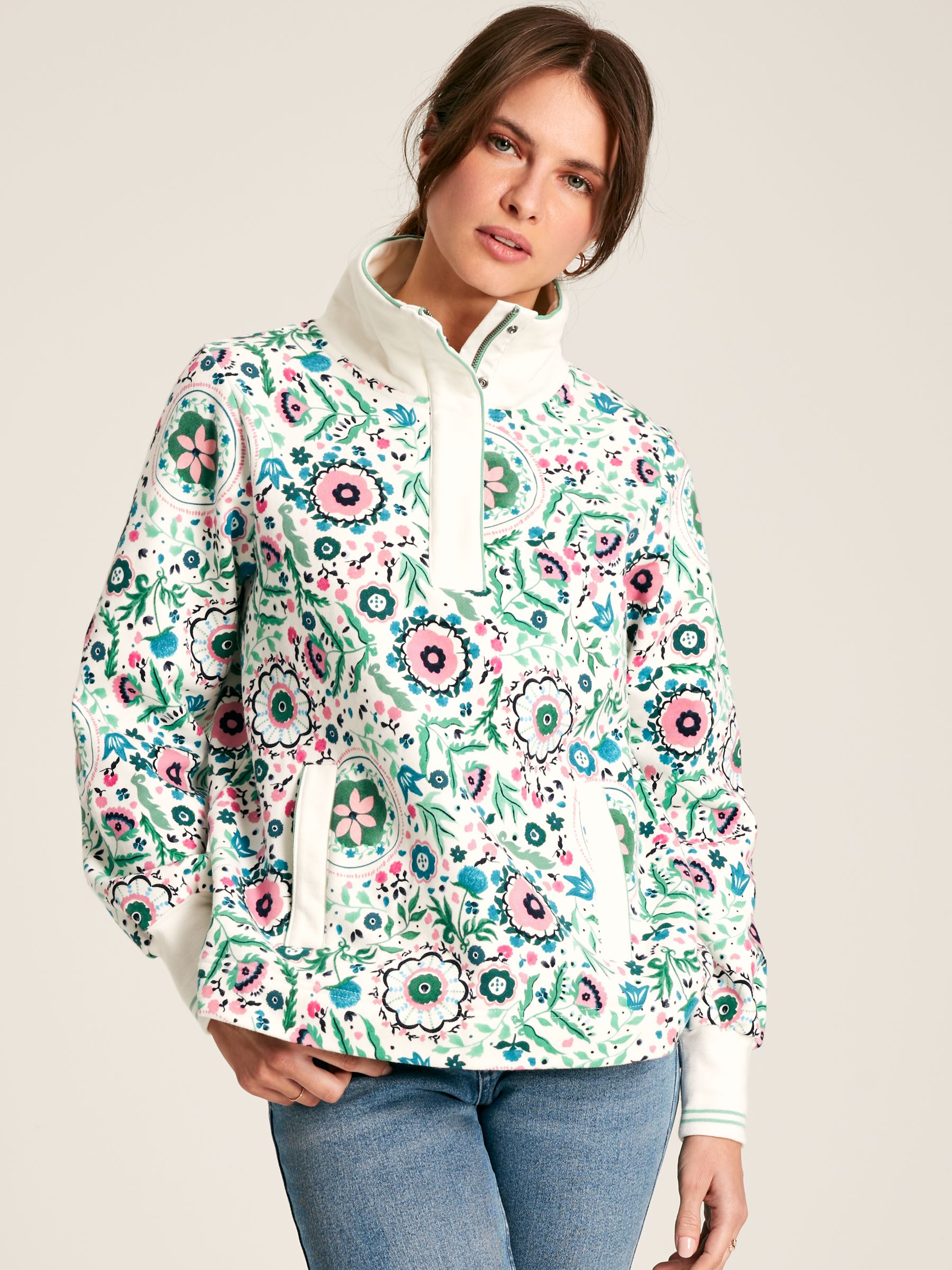 Burnham Floral Funnel Neck Quarter Zip Sweatshirt | Joules