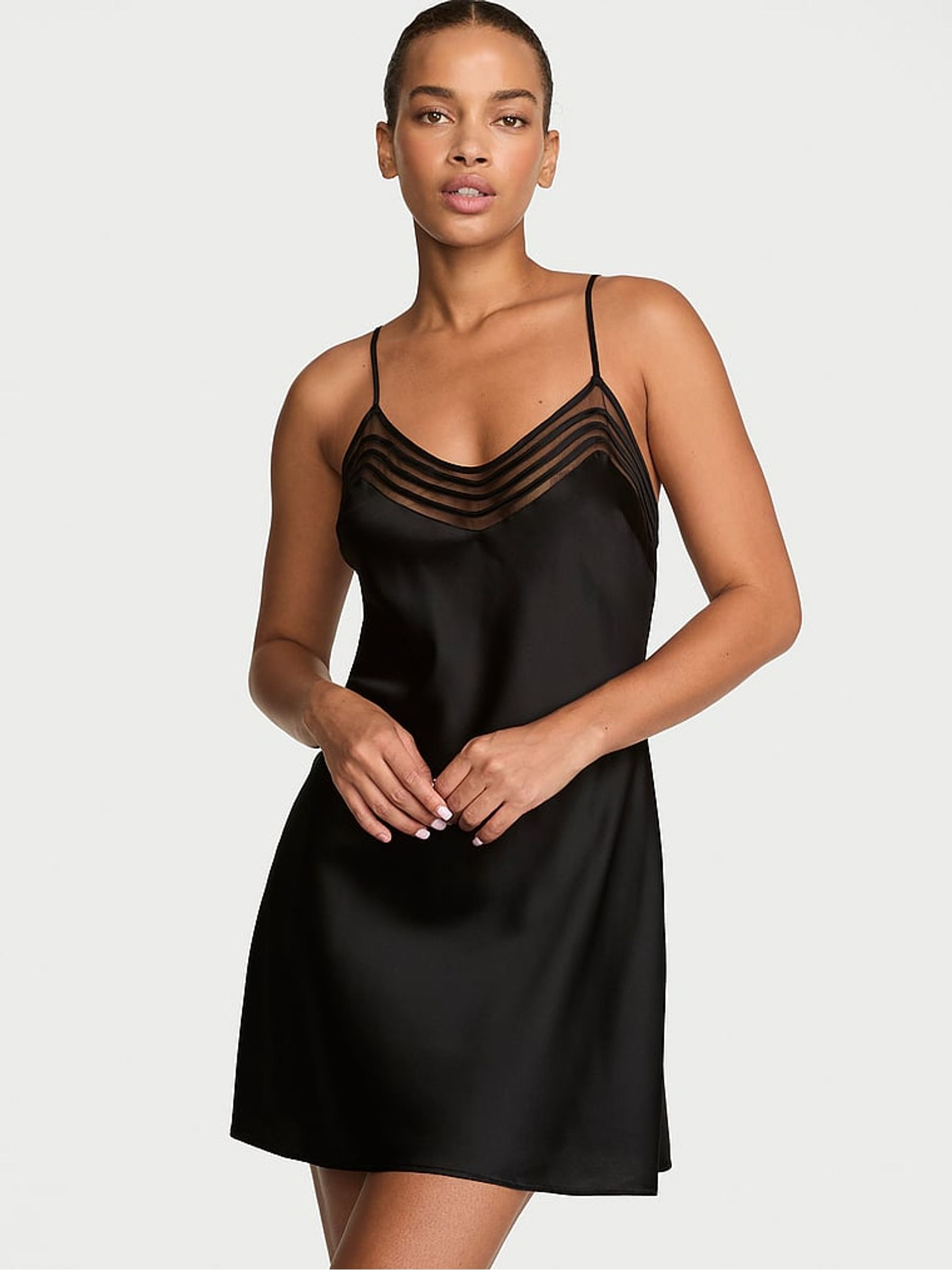 Black Mini Silk Sheer Stripe Slip Dress - Image 2 of 3