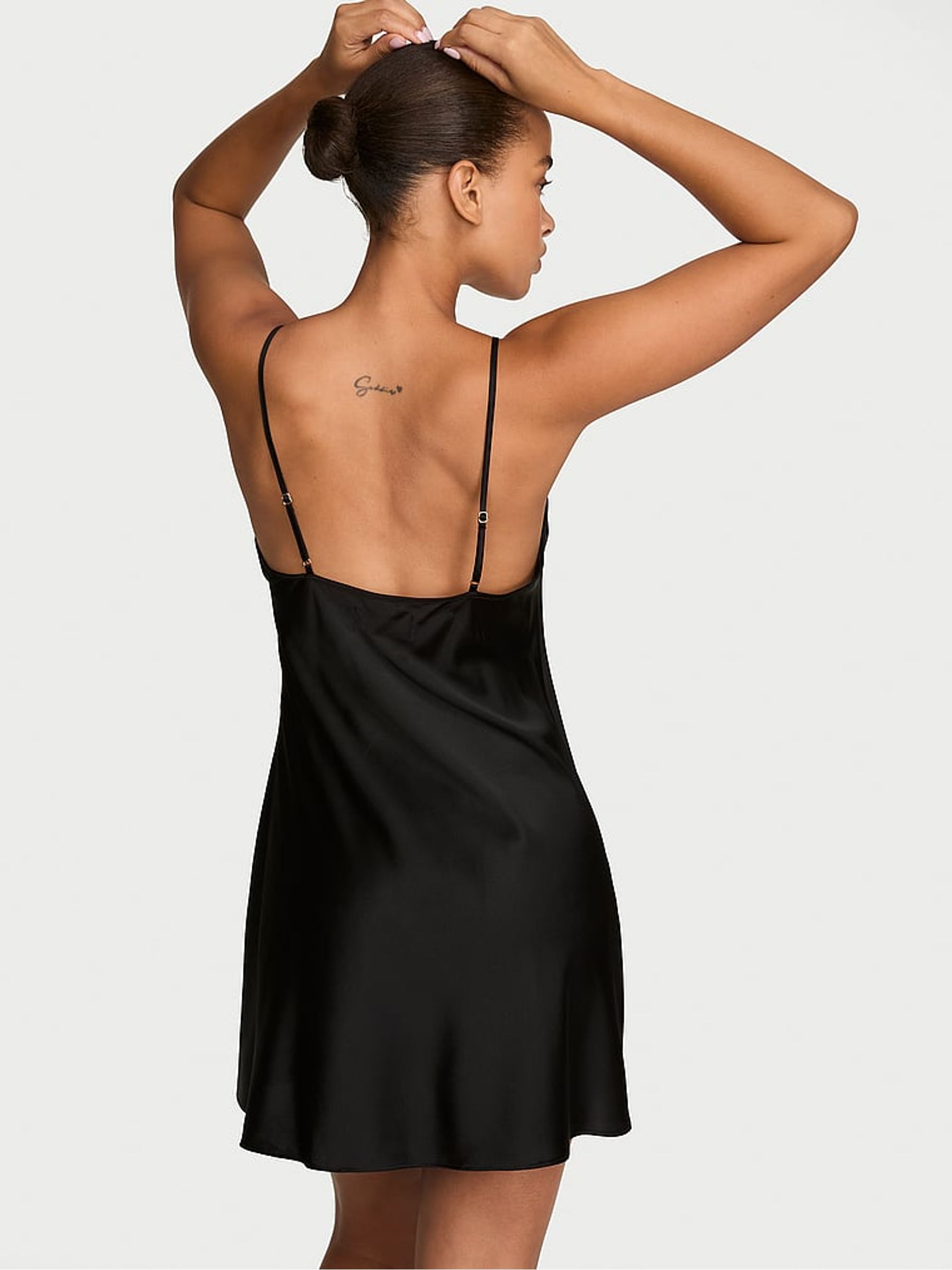 Black Mini Silk Sheer Stripe Slip Dress - Image 3 of 3