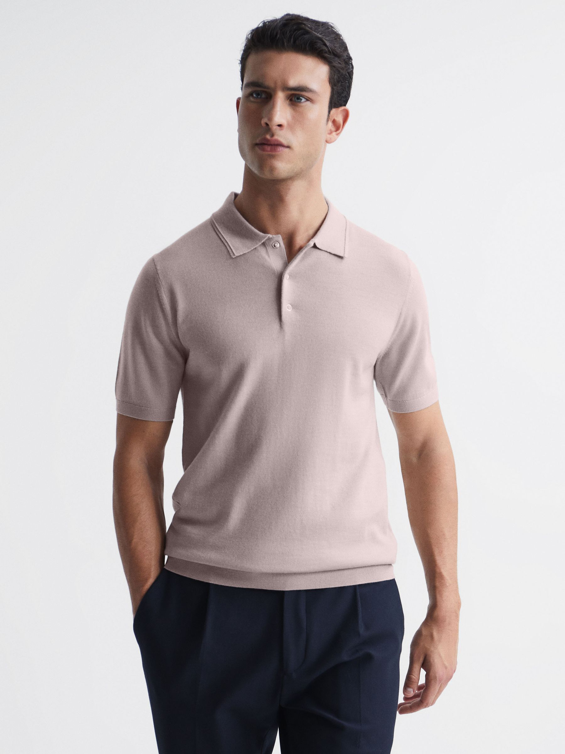 Merino Press Stud Polo T-Shirt in Stone - Image 1 of 6
